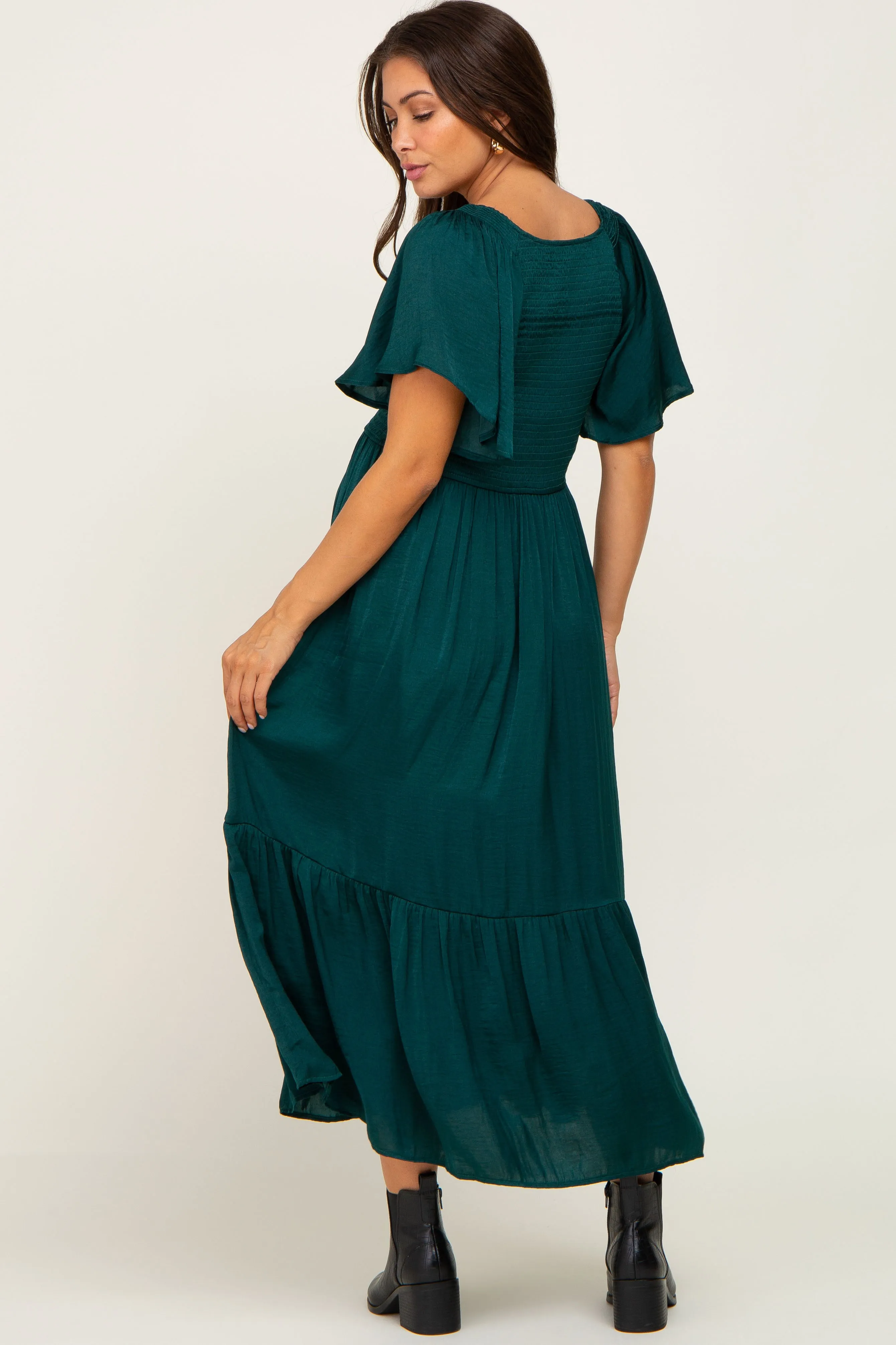 Emerald Satin Smocked Maternity Midi Dress sold by Pinkblush product image thumbnail 3