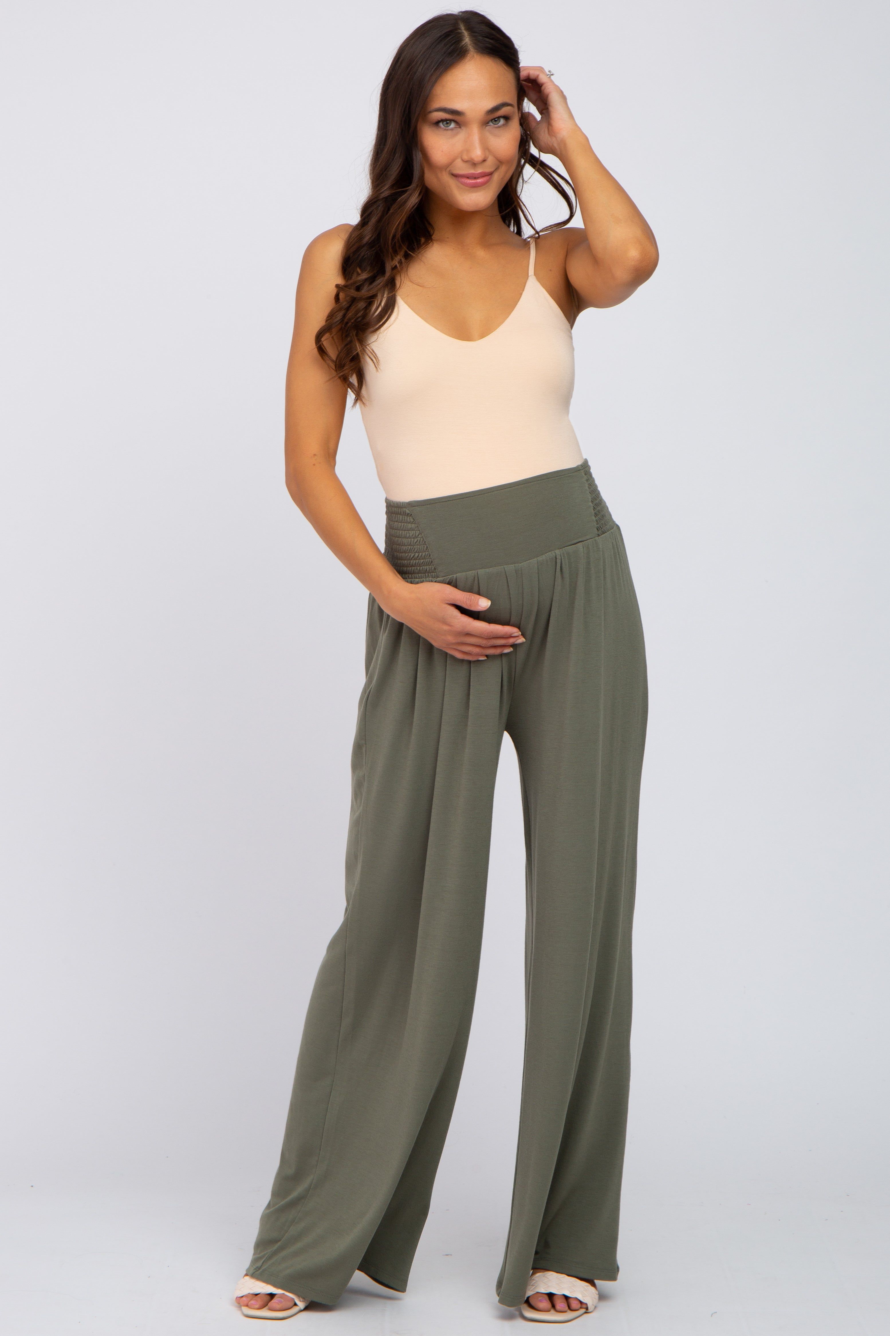 Olive Smocked Wide Leg Maternity Pants sold by Pinkblush