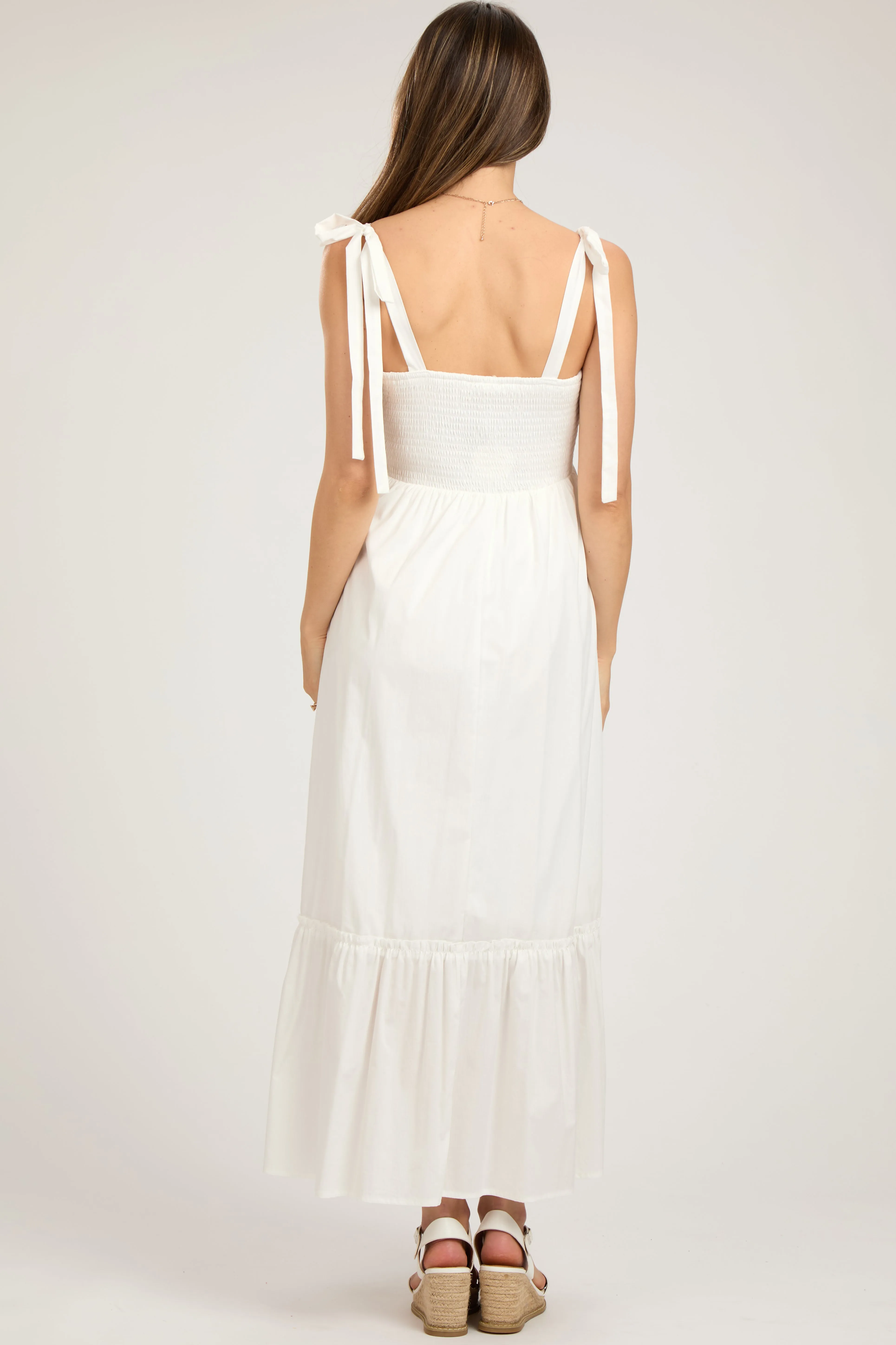 White Pleated Shoulder Tie Maternity Midi Dress sold by Pinkblush product image thumbnail 4
