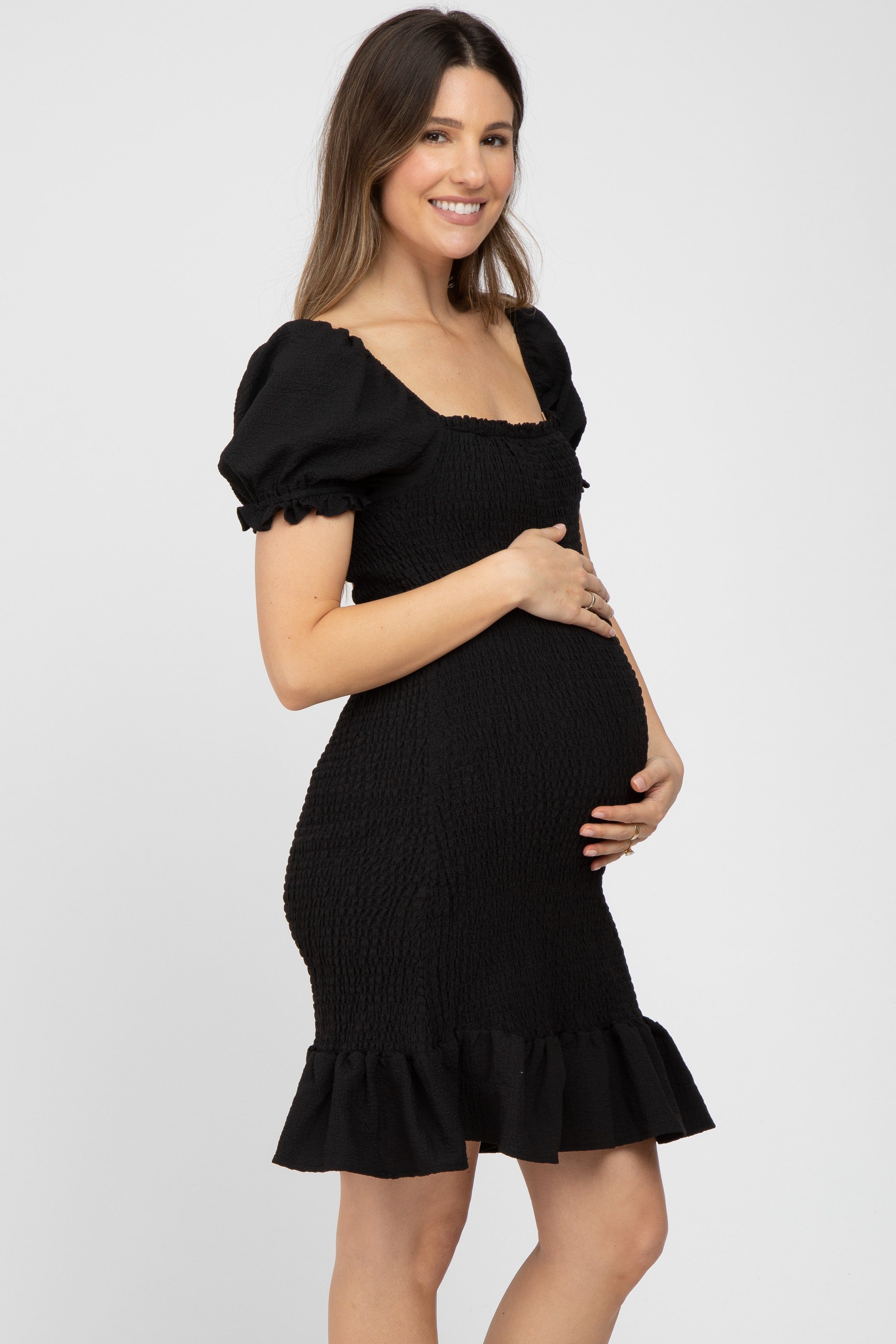 Black Smocked Puff Sleeve Maternity Dress sold by Pinkblush product image thumbnail 2