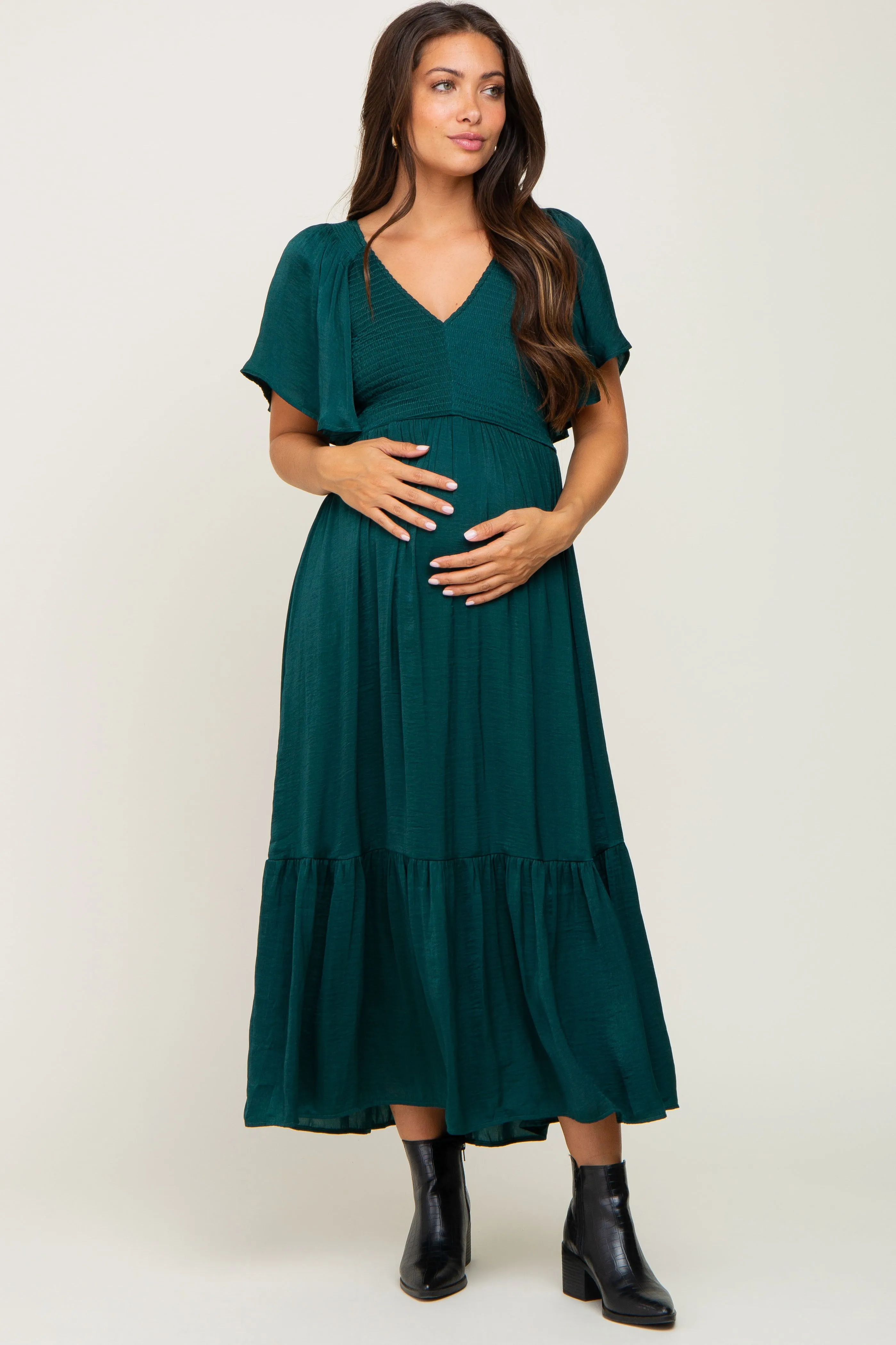 Emerald Satin Smocked Maternity Midi Dress sold by Pinkblush product image thumbnail 4