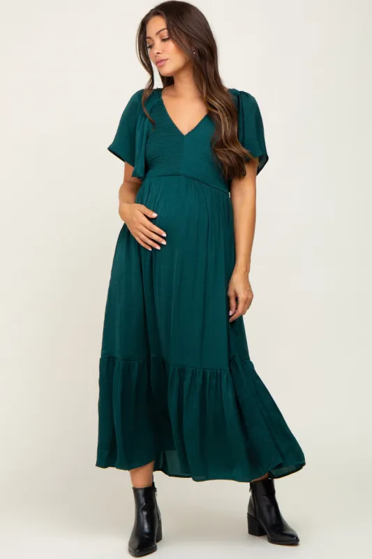 Emerald Satin Smocked Maternity Midi Dress sold by Pinkblush
