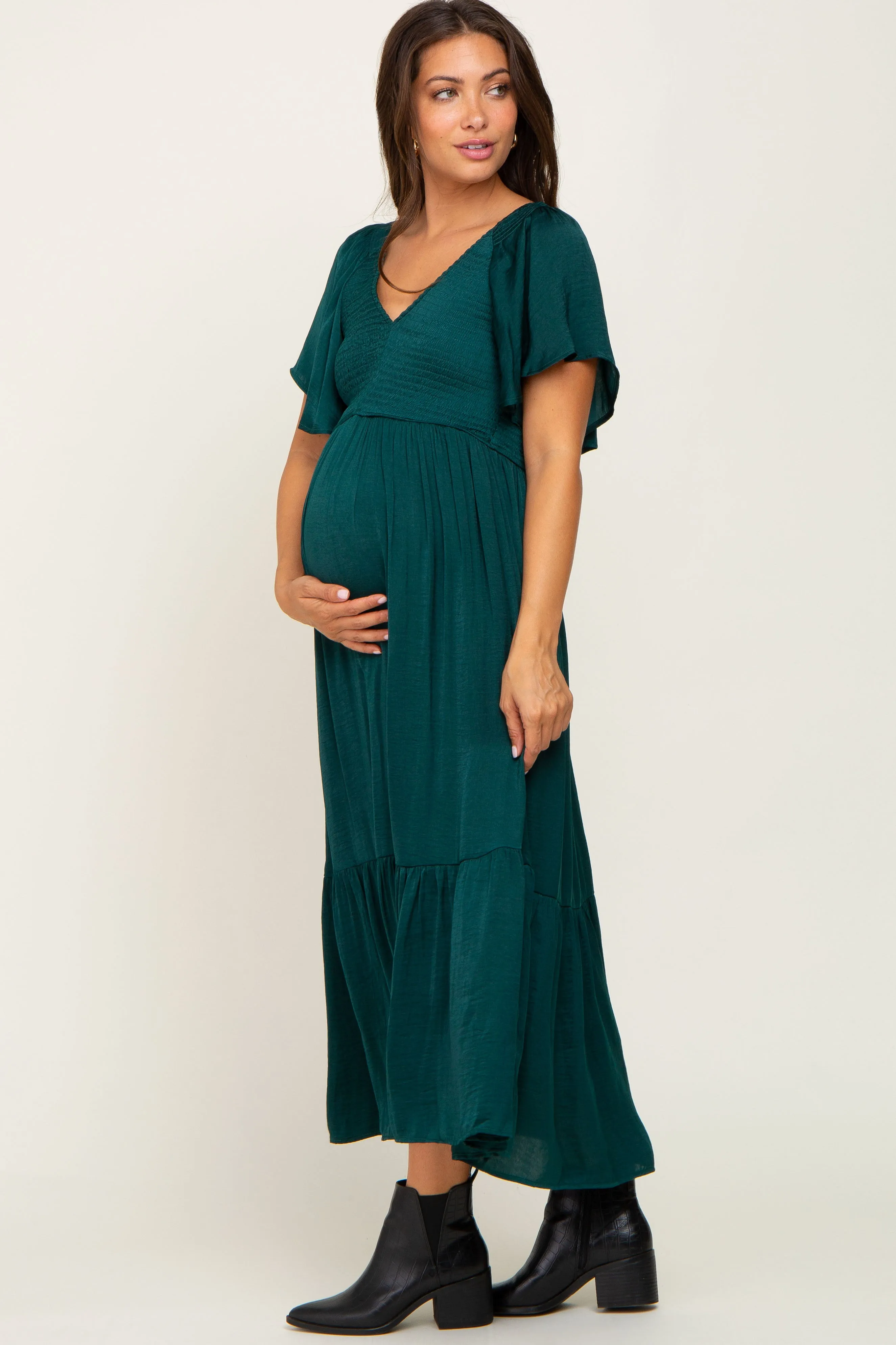Emerald Satin Smocked Maternity Midi Dress sold by Pinkblush product image thumbnail 2