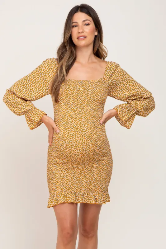 Yellow Ditsy Floral Smocked Long Sleeve Maternity Mini Dress sold by Pinkblush