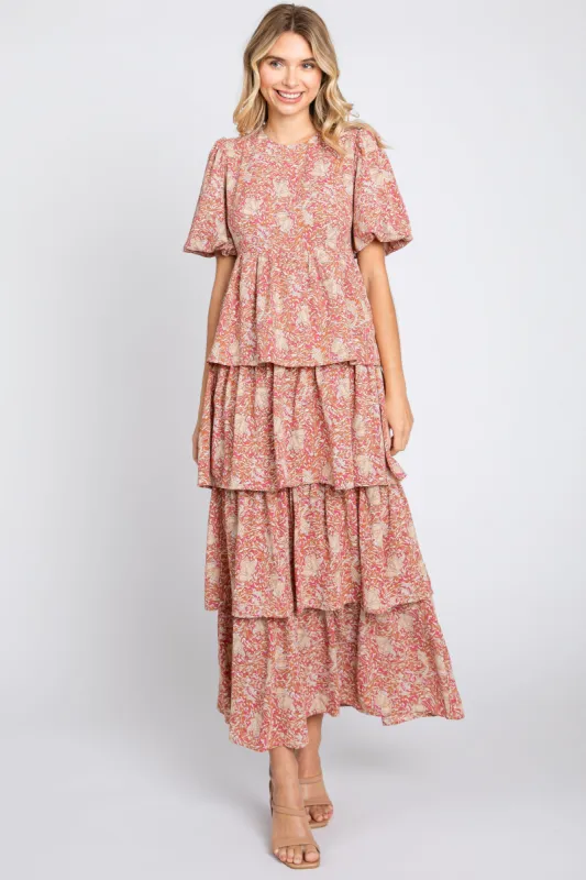 Rust Floral Puff Sleeve Tiered Midi Dress sold by Pinkblush