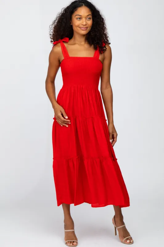 Red Shoulder Tie Tiered Midi Dress sold by Pinkblush