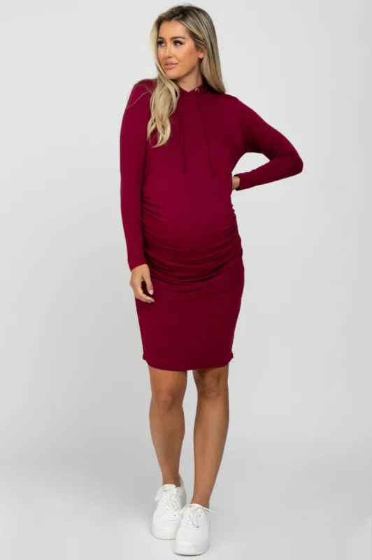 Burgundy Ruched Hooded Maternity Dress sold by Pinkblush