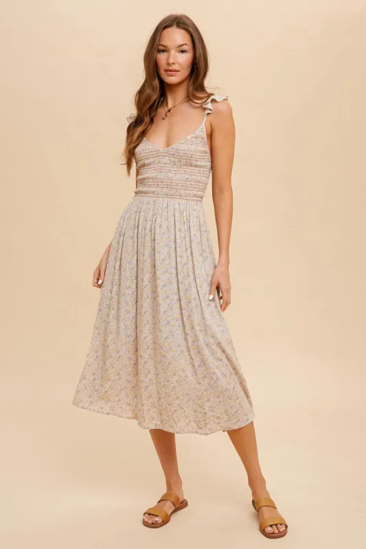 Vintage Grey Mini Ruffle Smocking Ditsy Floral Dress sold by Pinkblush