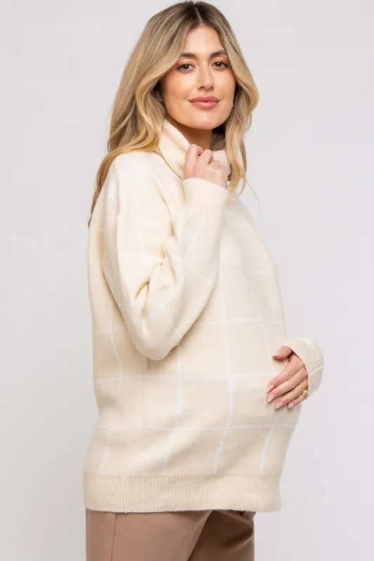 Cream Windowpane Ultra Soft Knit Turtleneck Maternity Sweater sold by Pinkblush