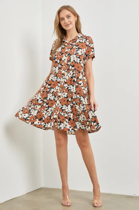 Brown Floral Button Front Collared Ruffle Hem Dress sold by Pinkblush