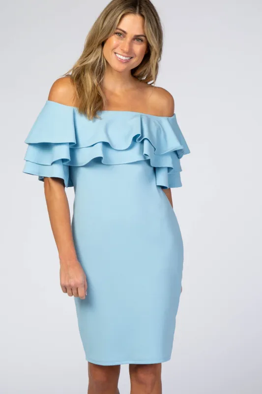 Turquoise Layered Ruffle Off Shoulder Fitted Dress made by Pinkblush