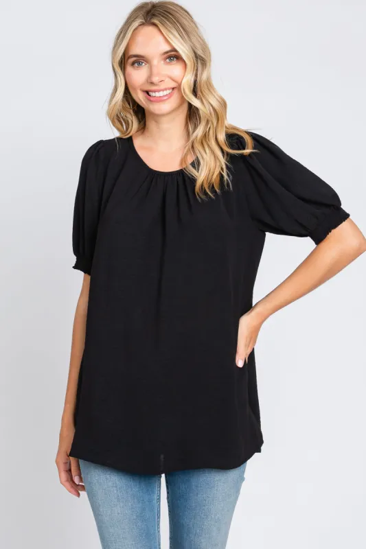 Black Puff Sleeve Smocked Accent Top sold by Pinkblush