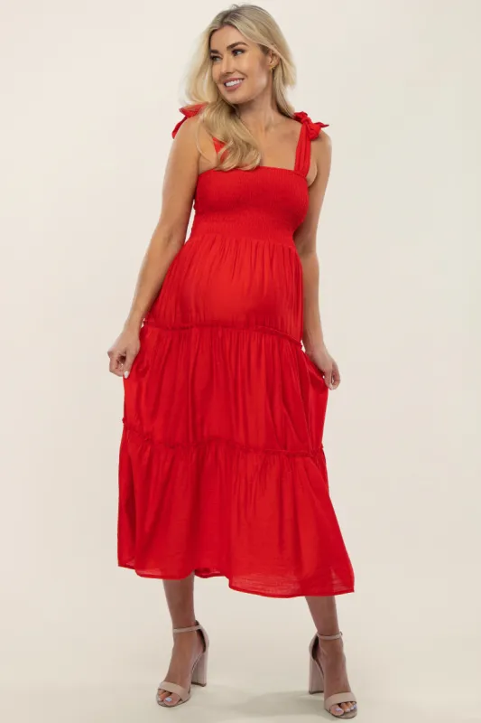 Red Shoulder Tie Tiered Maternity Midi Dress sold by Pinkblush