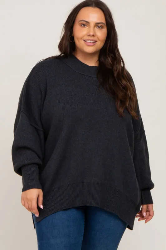 Charcoal Mock Neck Exposed Seam Plus Sweater sold by Pinkblush
