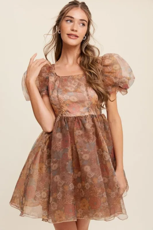 Light Brown Floral Print Organza Balloon Sleeve Mini Dress sold by Pinkblush