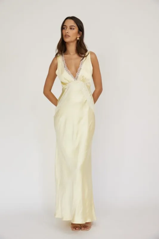 Butter Lace Trim Satin V Neckline Maxi Dress sold by Pinkblush