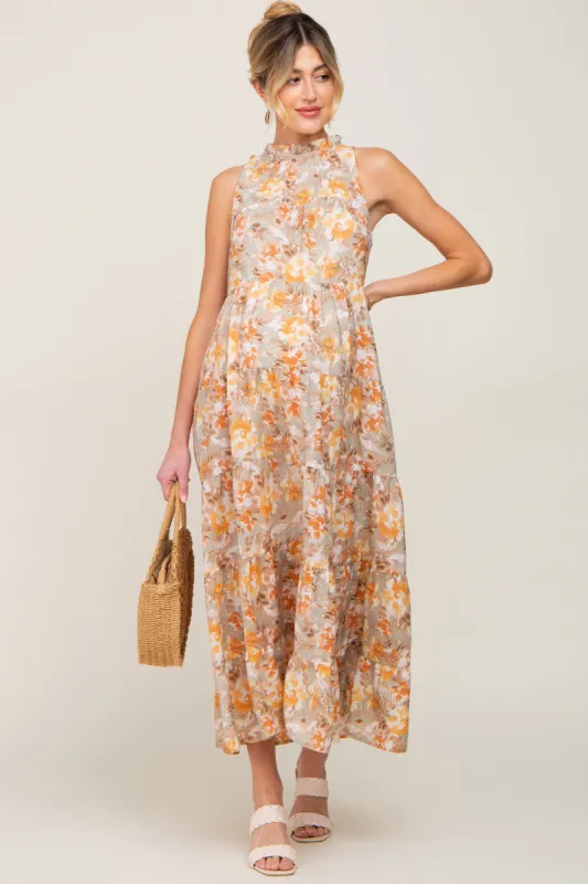 Taupe Floral Ruffle Mock Neck Tiered Maternity Maxi Dress sold by Pinkblush
