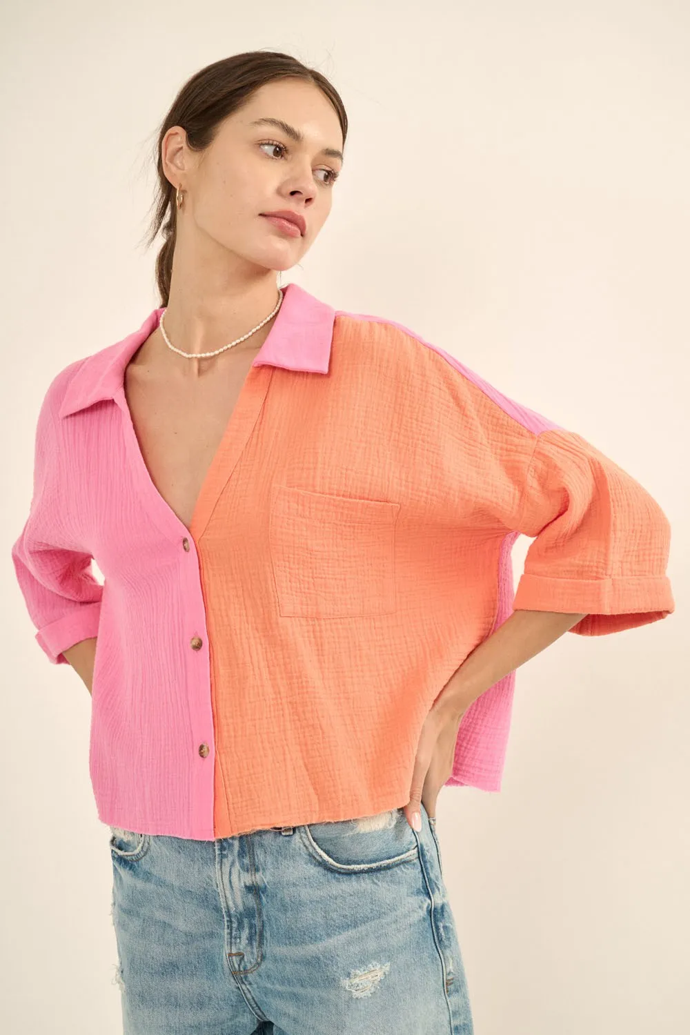 Bubble Gum Color Block Crinkle Cotton Raw Edge Hem Shirt sold by Pinkblush product image thumbnail 2