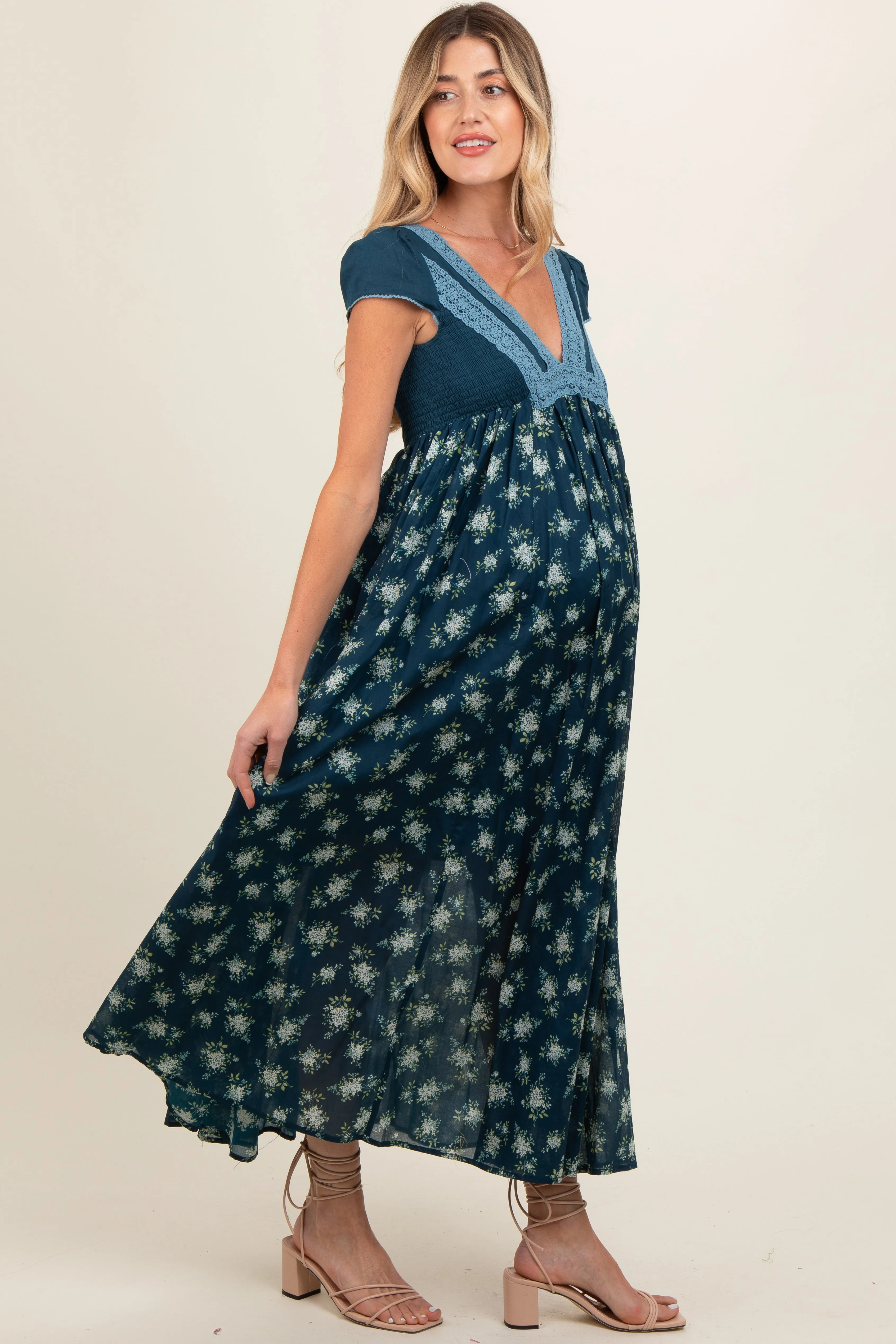 Navy Blue Floral Lace V-Neck Maternity Maxi Dress sold by Pinkblush product image thumbnail 2