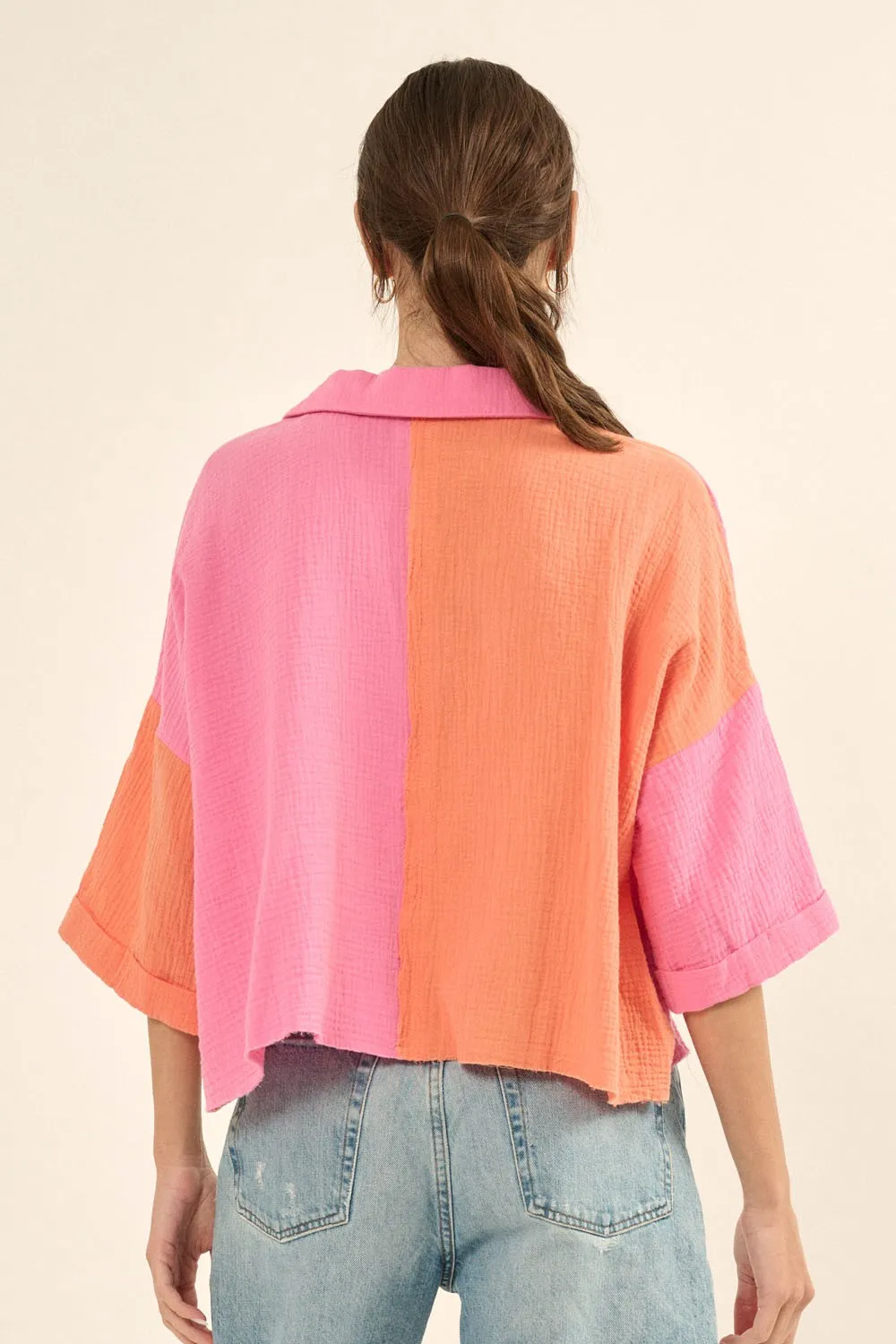 Bubble Gum Color Block Crinkle Cotton Raw Edge Hem Shirt sold by Pinkblush product image thumbnail 3