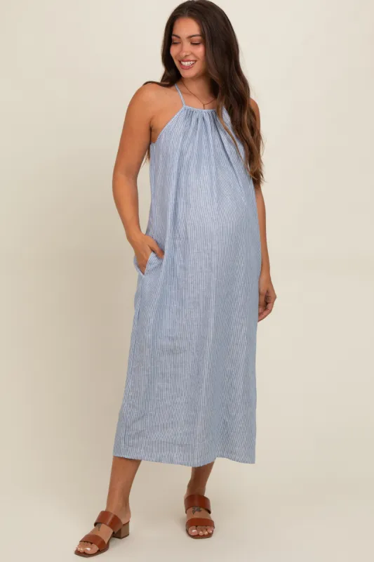 Blue Striped Linen Maternity Midi Dress sold by Pinkblush
