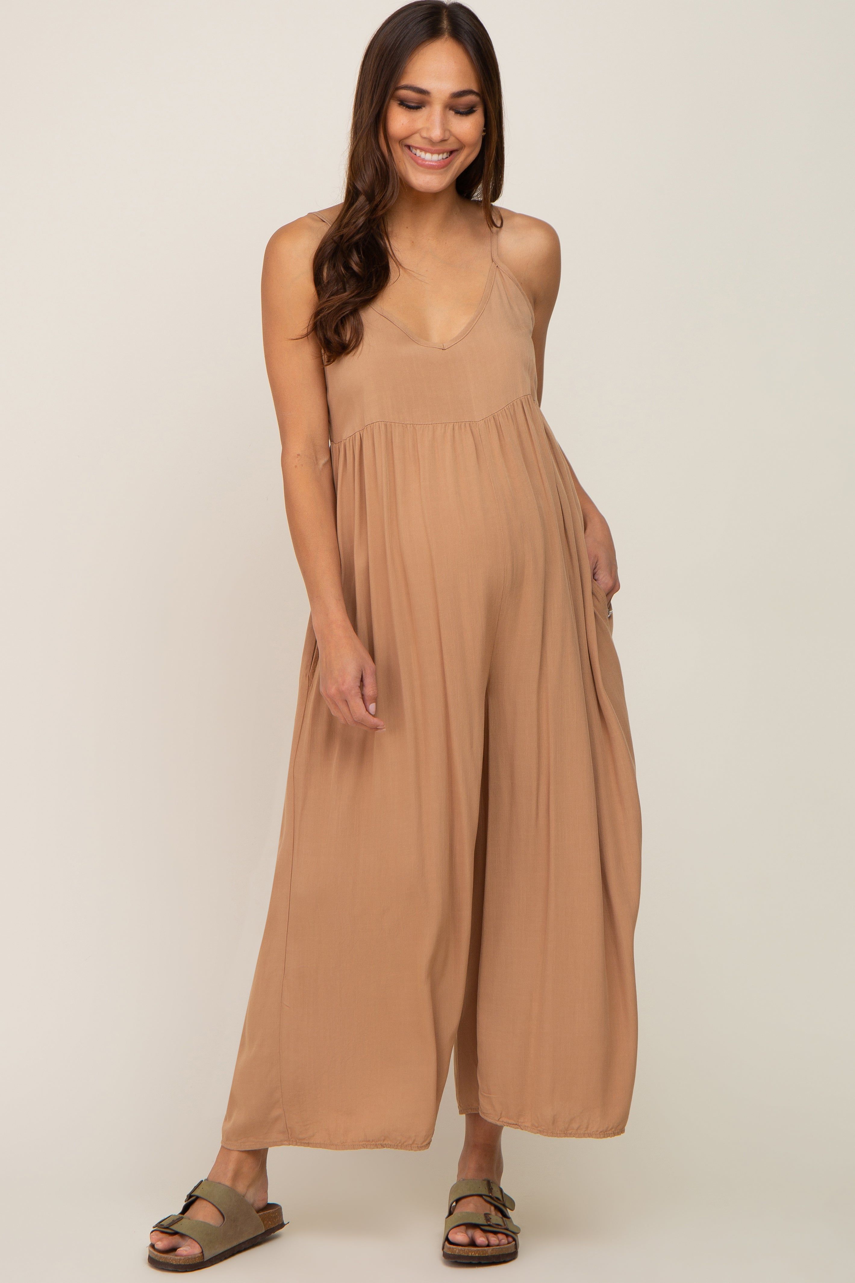 Mocha Sleeveless Cropped Wide Leg Maternity Jumpsuit sold by Pinkblush
