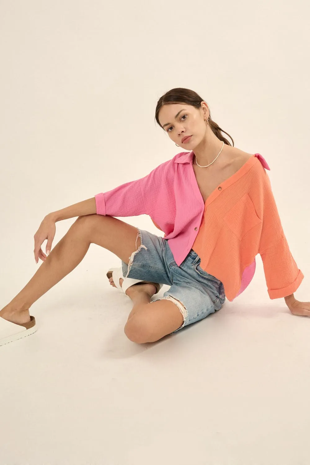 Bubble Gum Color Block Crinkle Cotton Raw Edge Hem Shirt sold by Pinkblush product image thumbnail 4