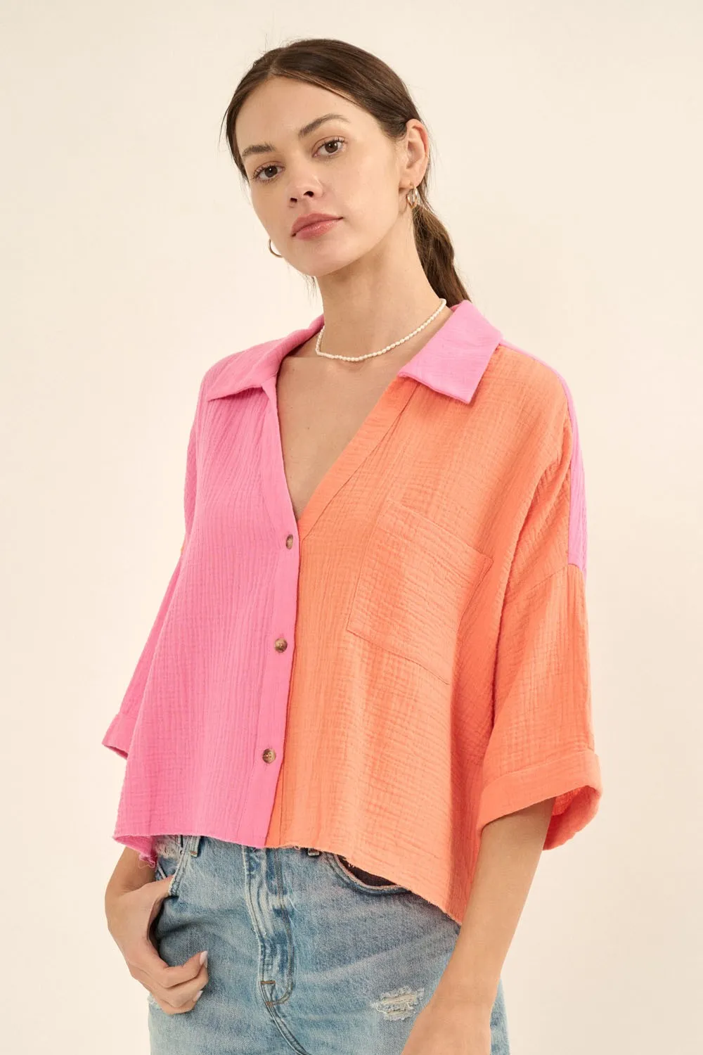 Bubble Gum Color Block Crinkle Cotton Raw Edge Hem Shirt sold by Pinkblush