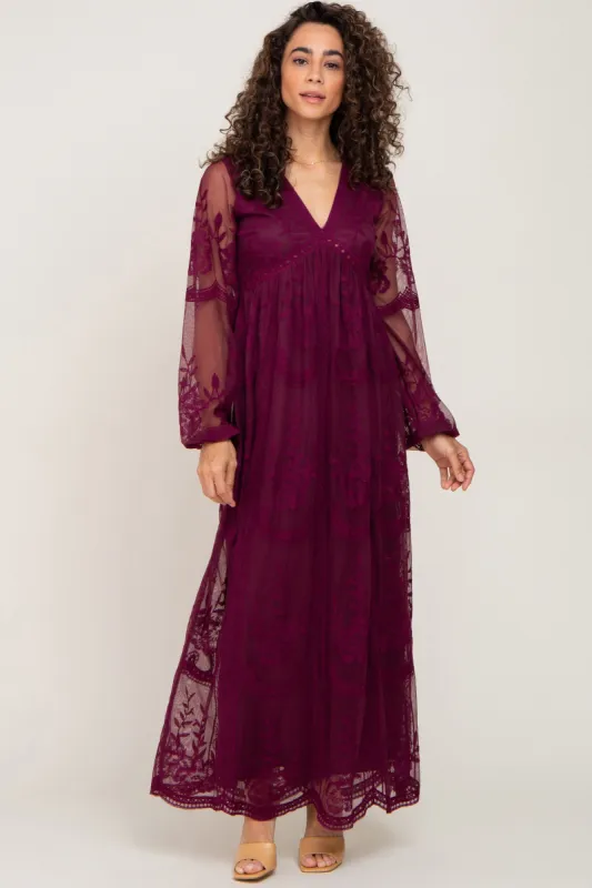 PinkBlush Burgundy Lace Mesh Overlay Long Sleeve Maxi Dress sold by Pinkblush