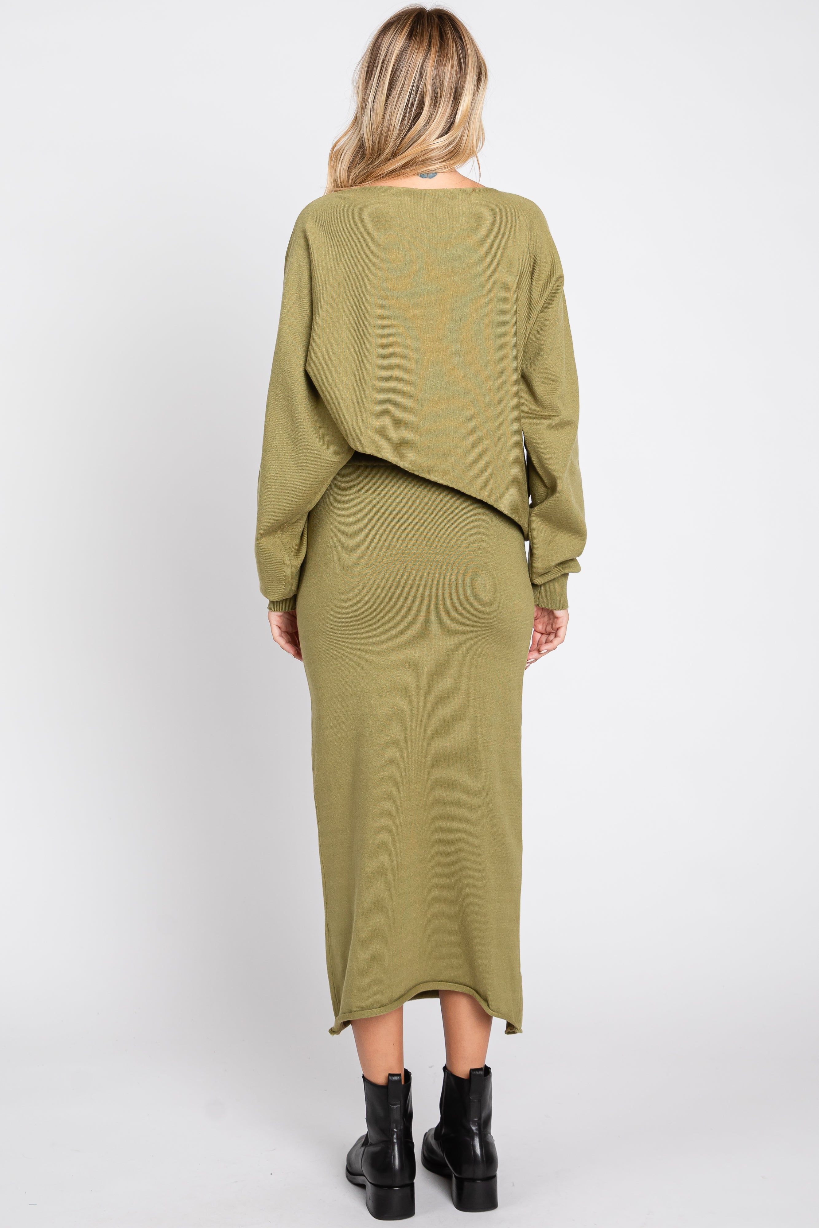 Olive Knit Long Sleeve Crop Top Midi Skirt Set sold by Pinkblush product image thumbnail 3