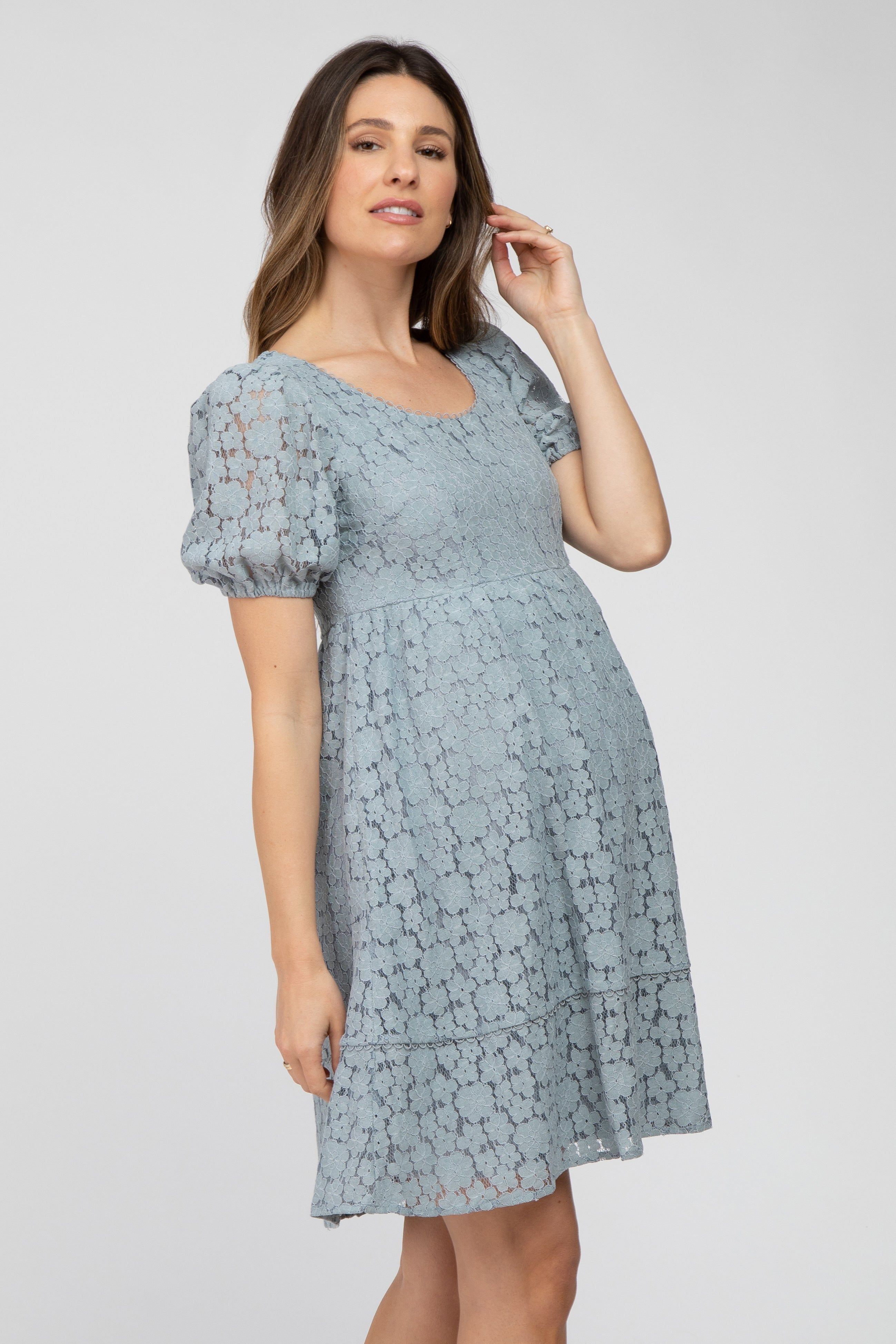Blue Floral Lace Short Sleeve Maternity Dress sold by Pinkblush product image thumbnail 2