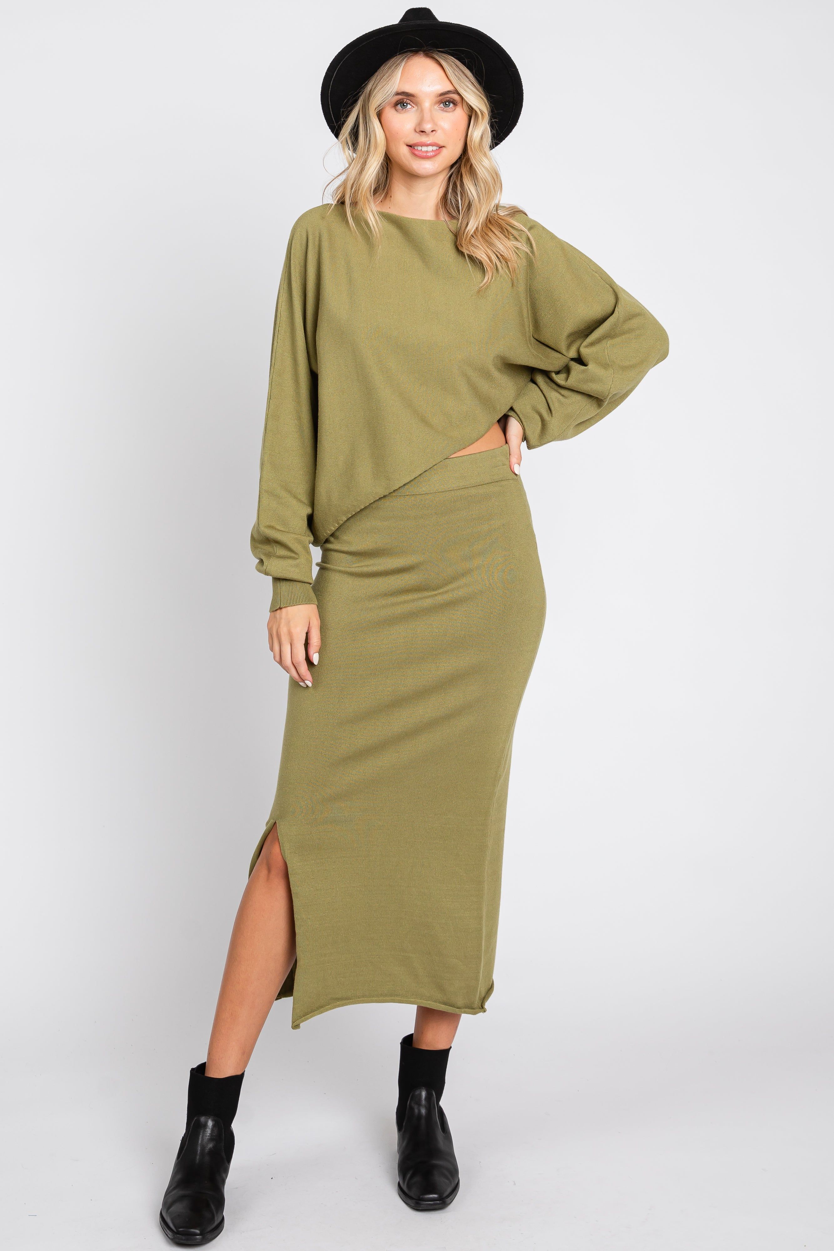 Olive Knit Long Sleeve Crop Top Midi Skirt Set sold by Pinkblush product image thumbnail 4
