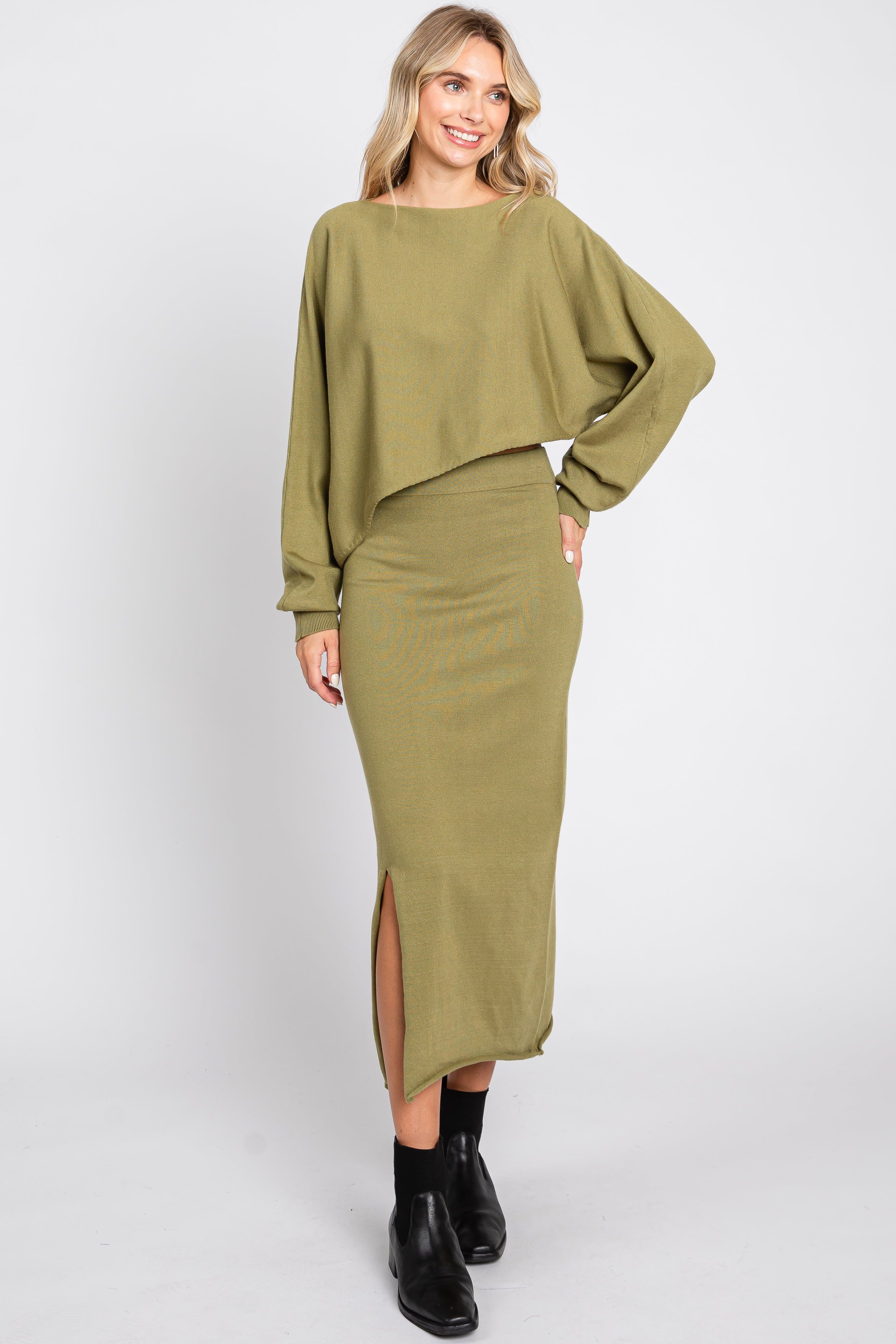 Olive Knit Long Sleeve Crop Top Midi Skirt Set sold by Pinkblush