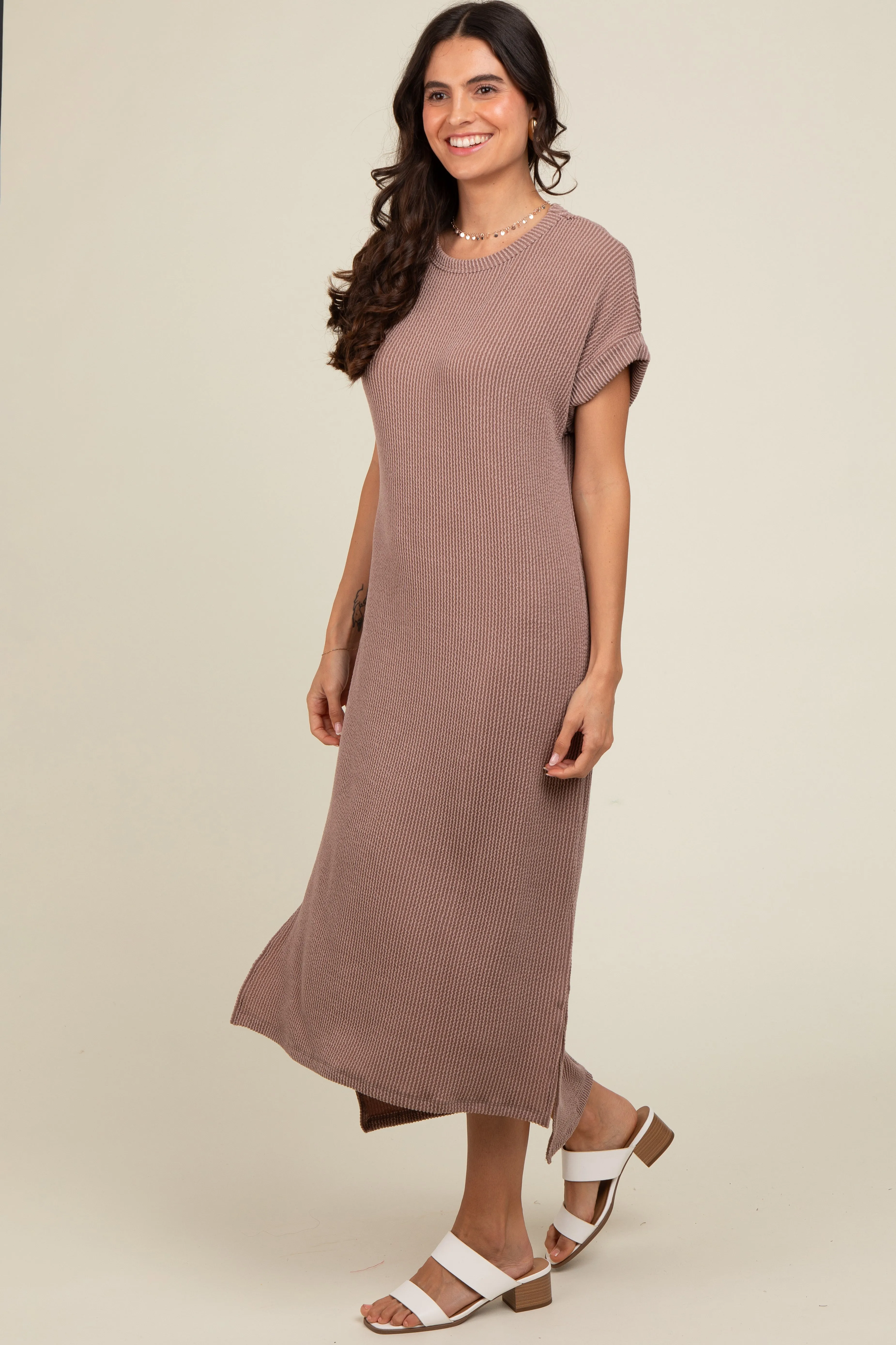 Taupe Ribbed Short Sleeve Midi Dress sold by Pinkblush product image thumbnail 2