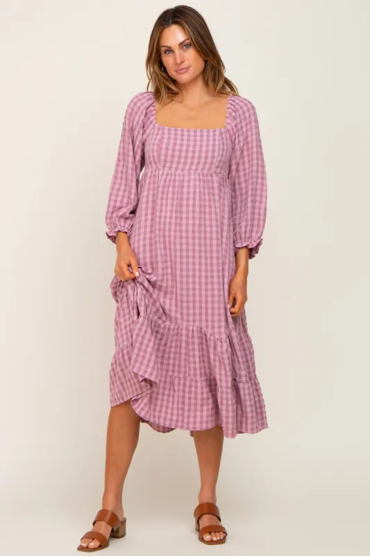 Mauve Striped 3/4 Cinched Sleeve Tiered Midi Dress sold by Pinkblush