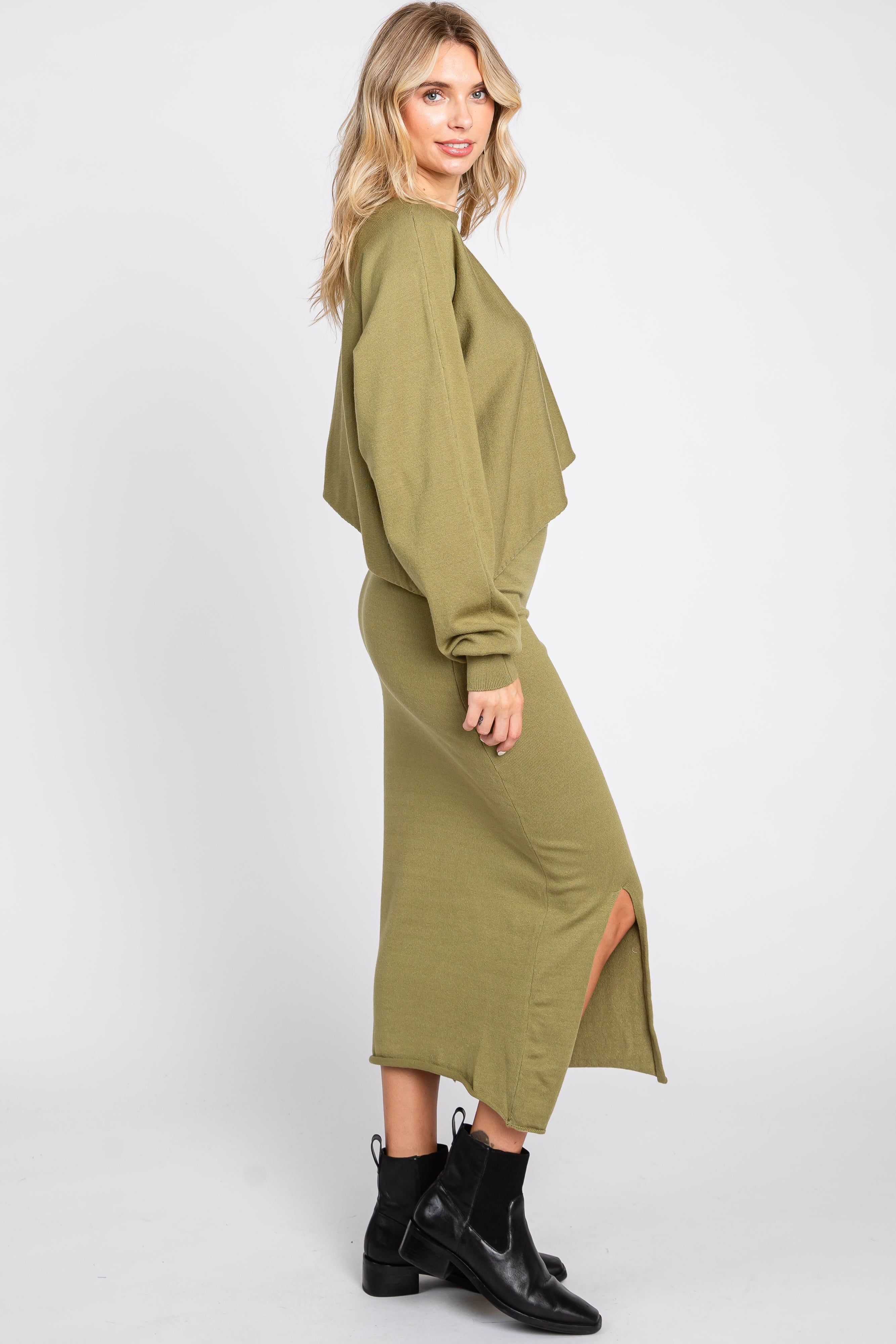 Olive Knit Long Sleeve Crop Top Midi Skirt Set sold by Pinkblush product image thumbnail 2