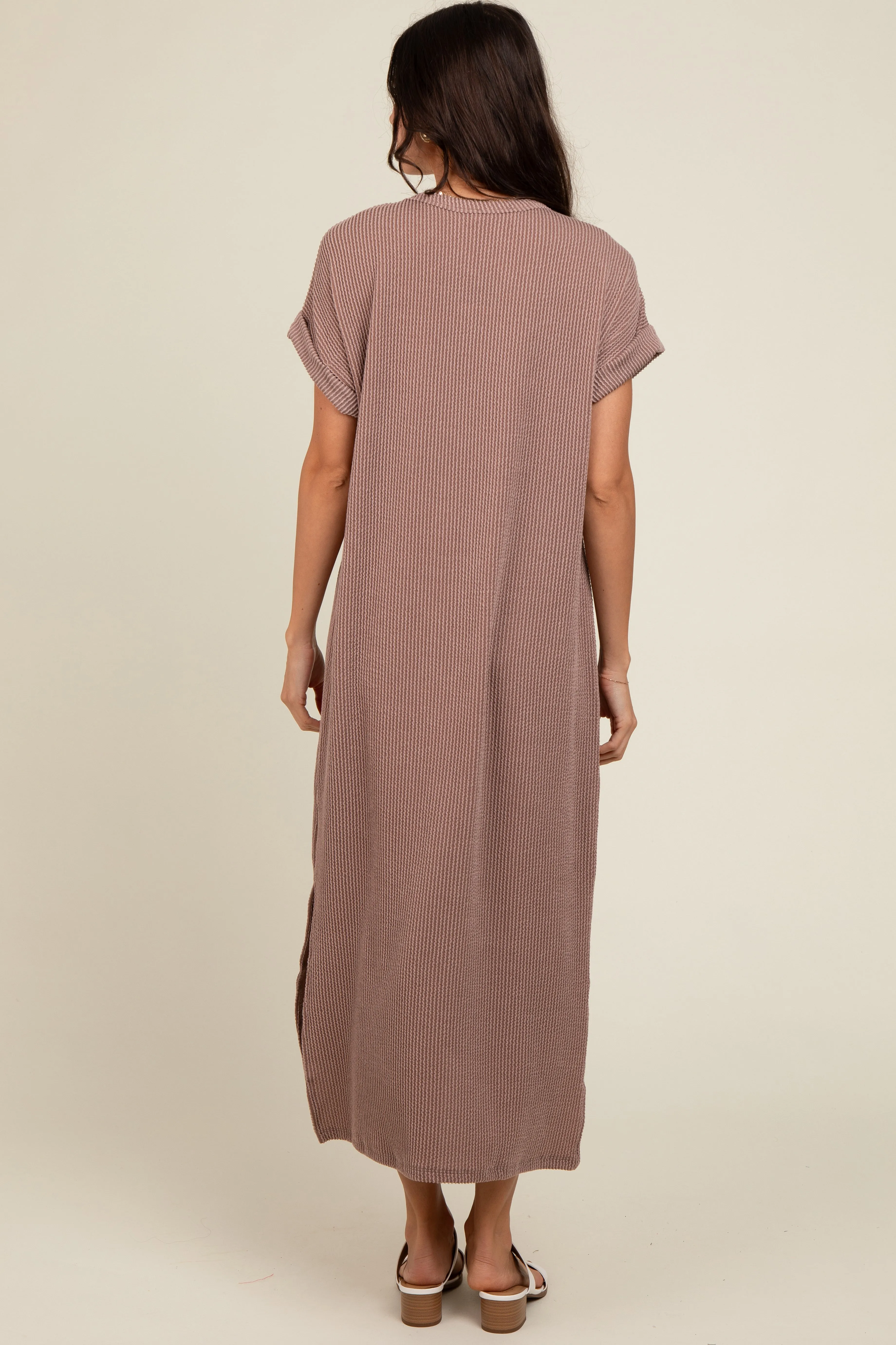 Taupe Ribbed Short Sleeve Midi Dress sold by Pinkblush product image thumbnail 3