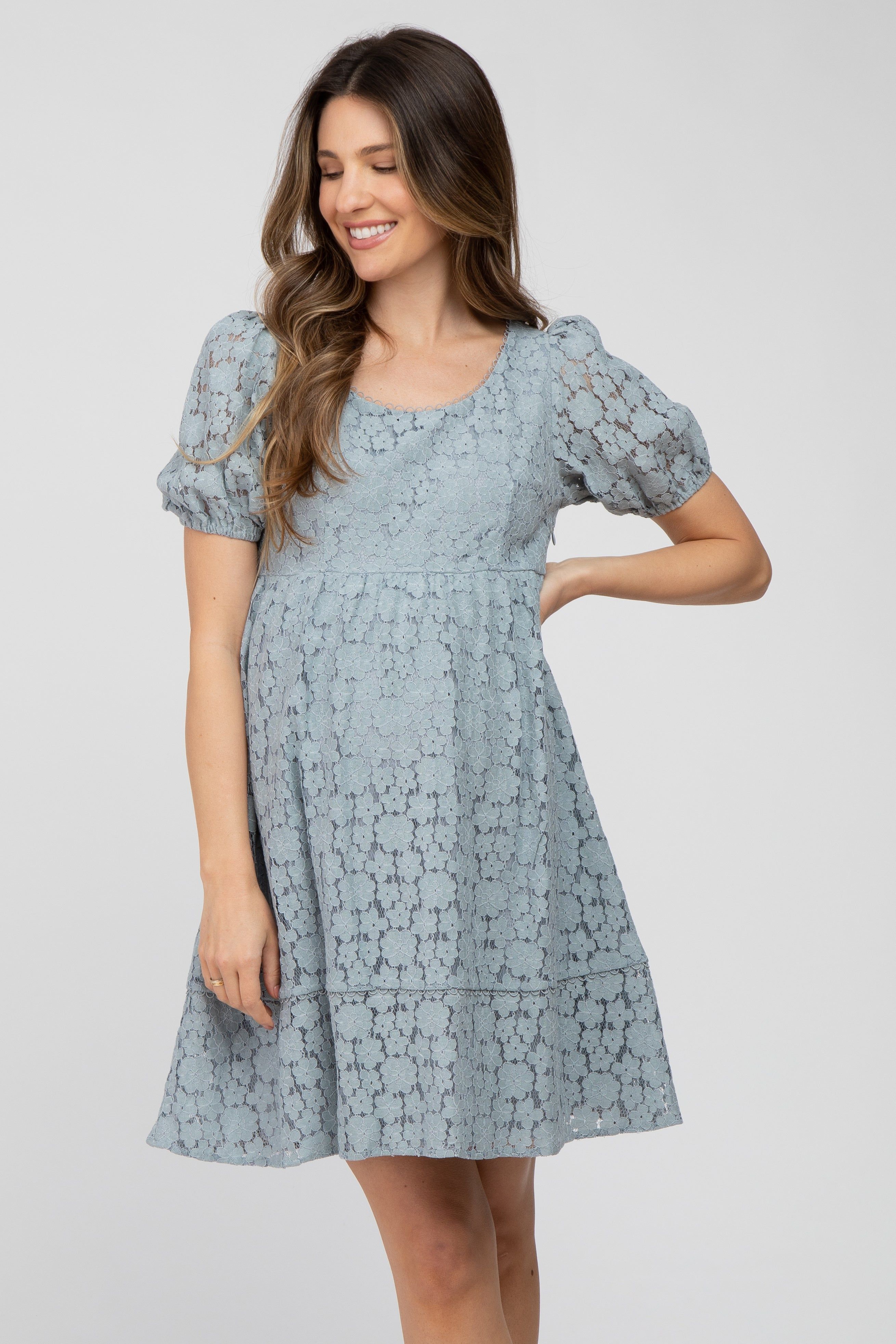 Blue Floral Lace Short Sleeve Maternity Dress sold by Pinkblush