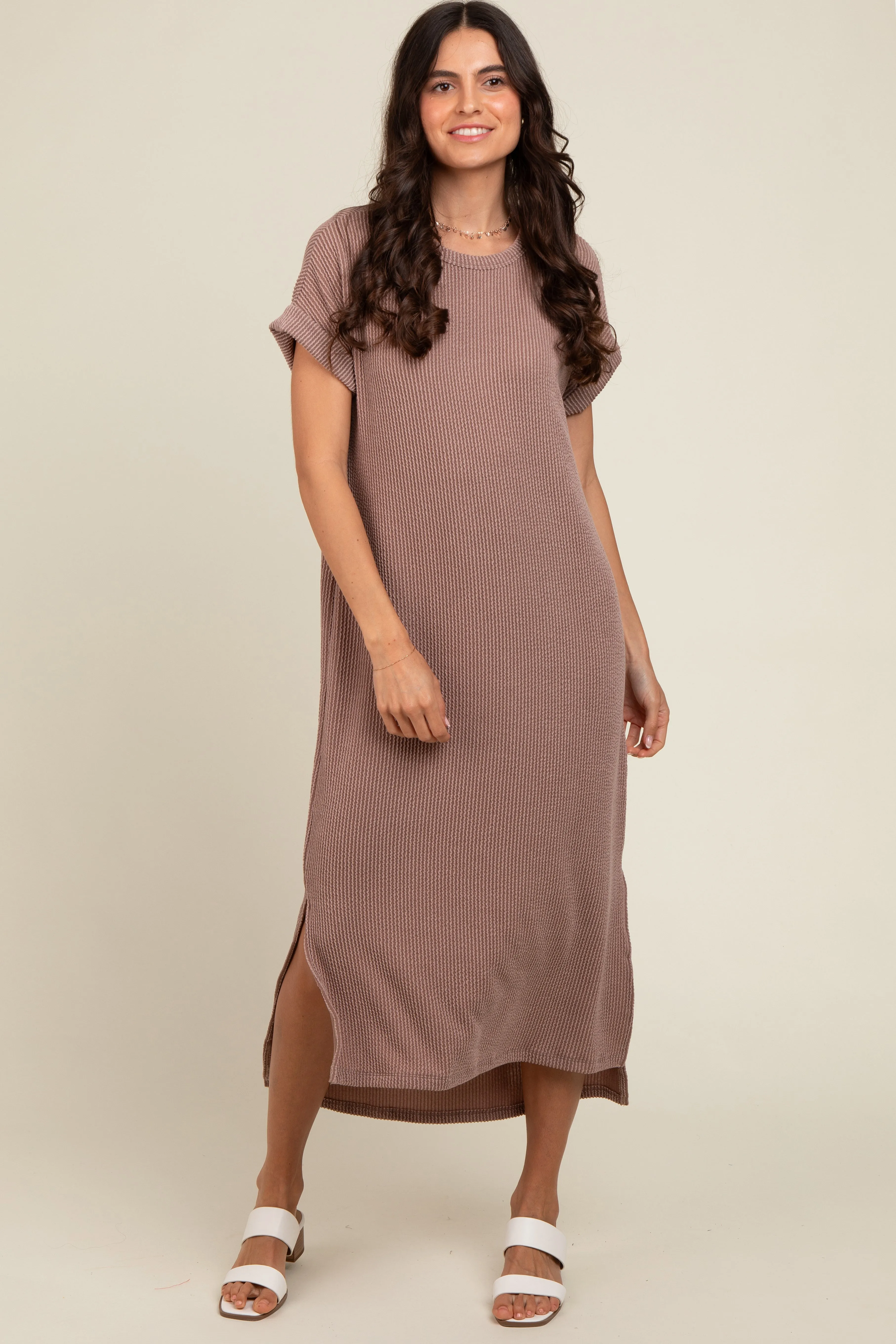 Taupe Ribbed Short Sleeve Midi Dress sold by Pinkblush