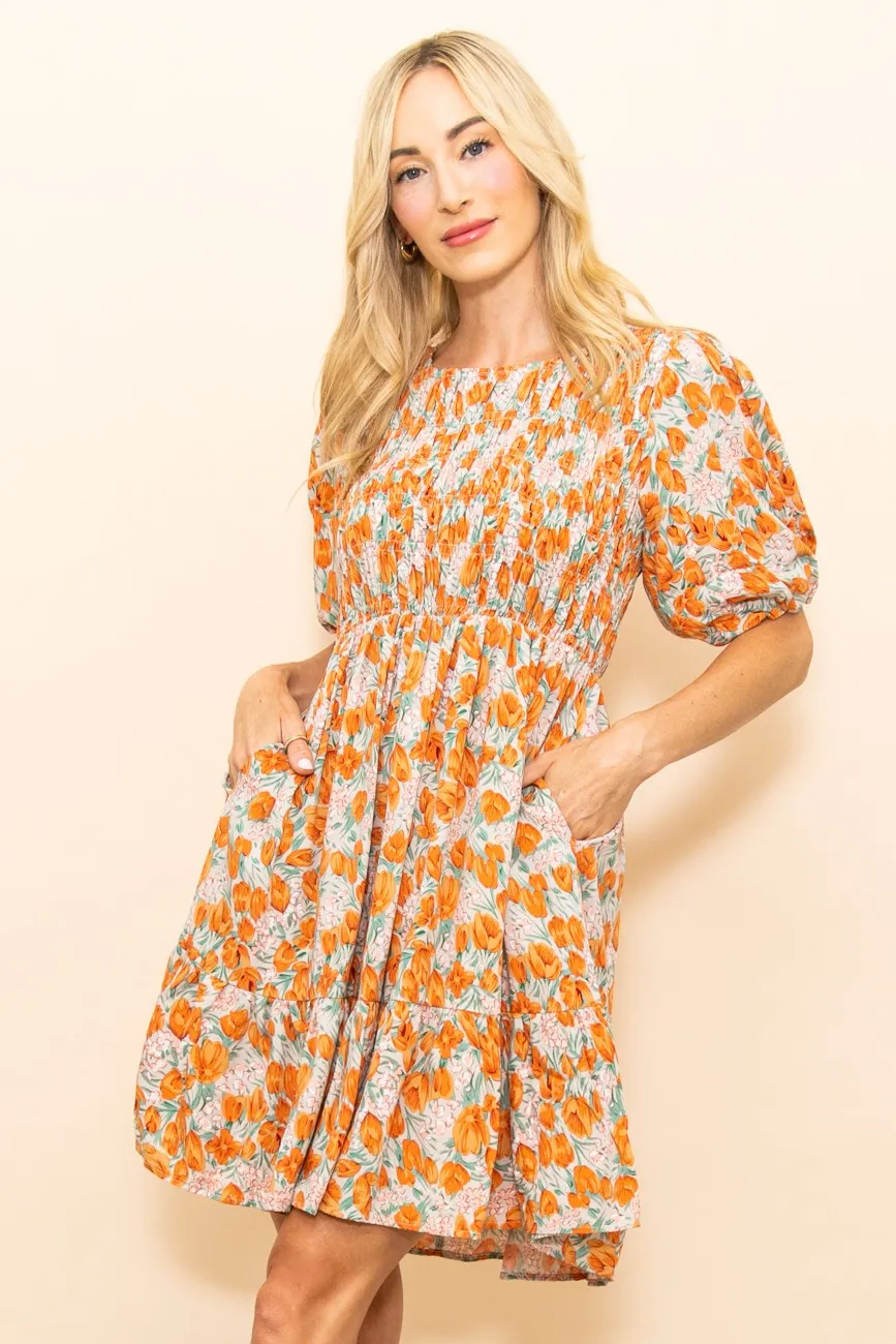 Taupe Floral Smocked Puff Sleeve Dress sold by Pinkblush product image thumbnail 2