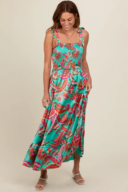 Turquoise Printed Smocked Bodice Maxi Dress sold by Pinkblush