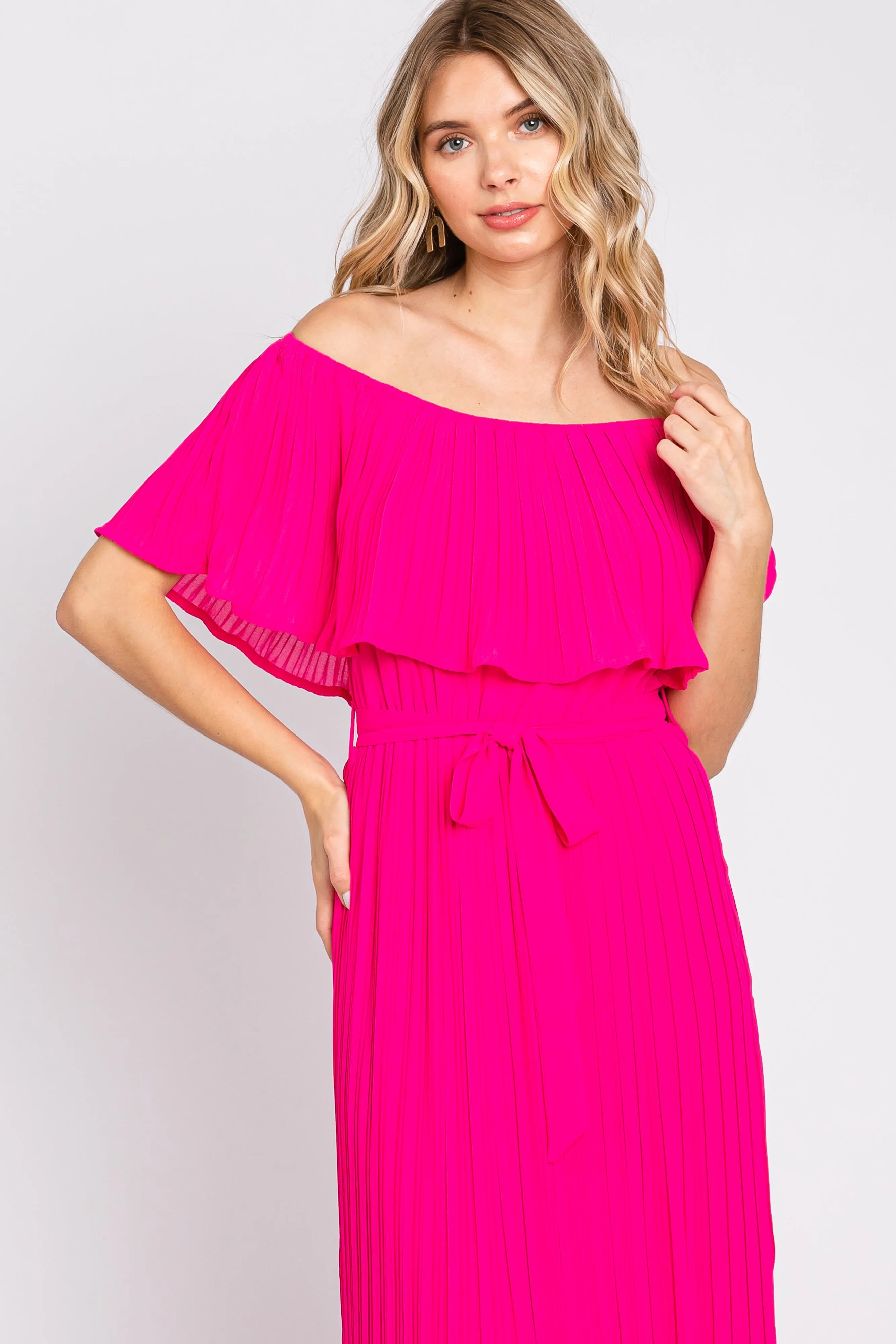 Fuchsia Pleated Off Shoulder Maxi Dress sold by Pinkblush product image thumbnail 4