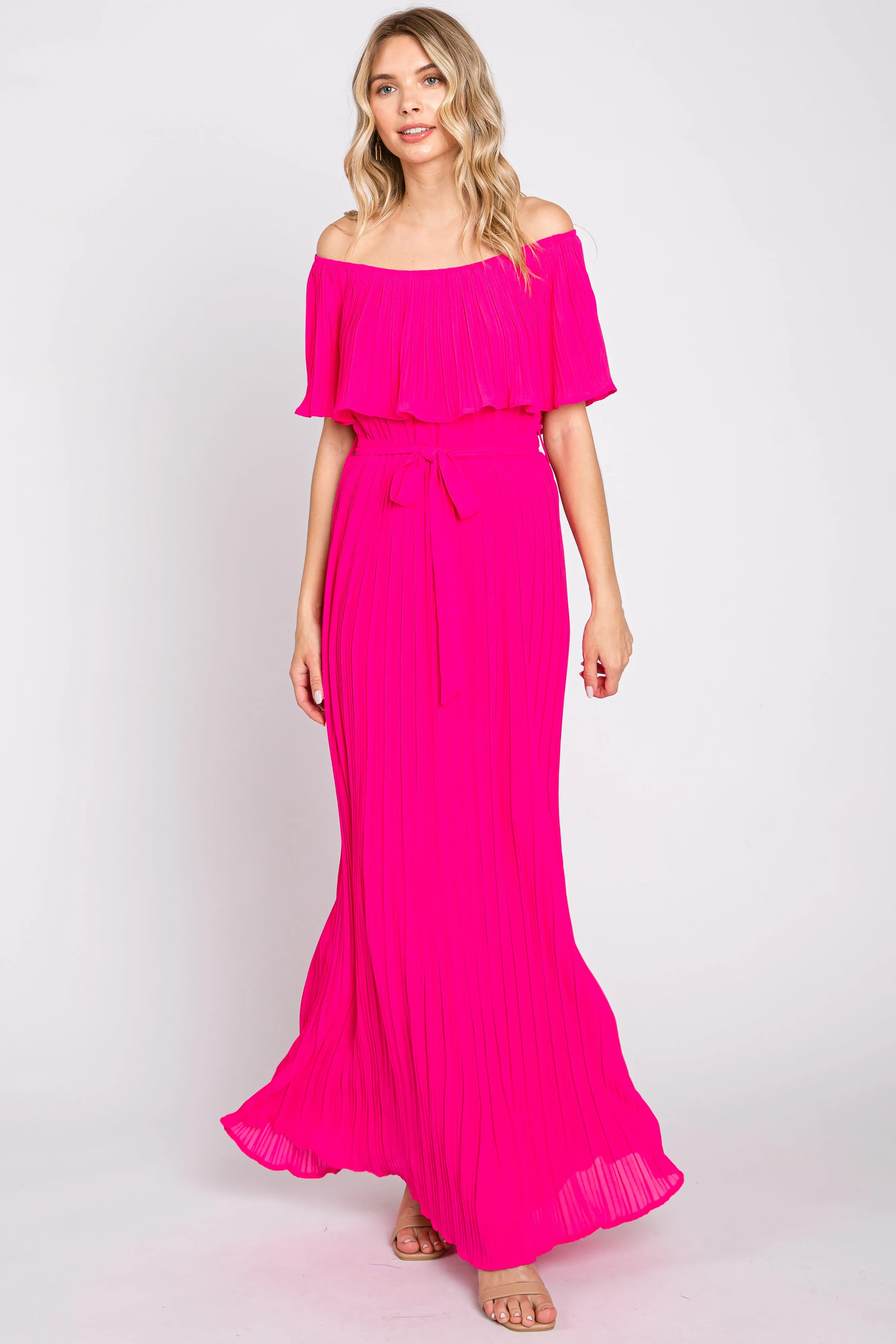 Fuchsia Pleated Off Shoulder Maxi Dress sold by Pinkblush