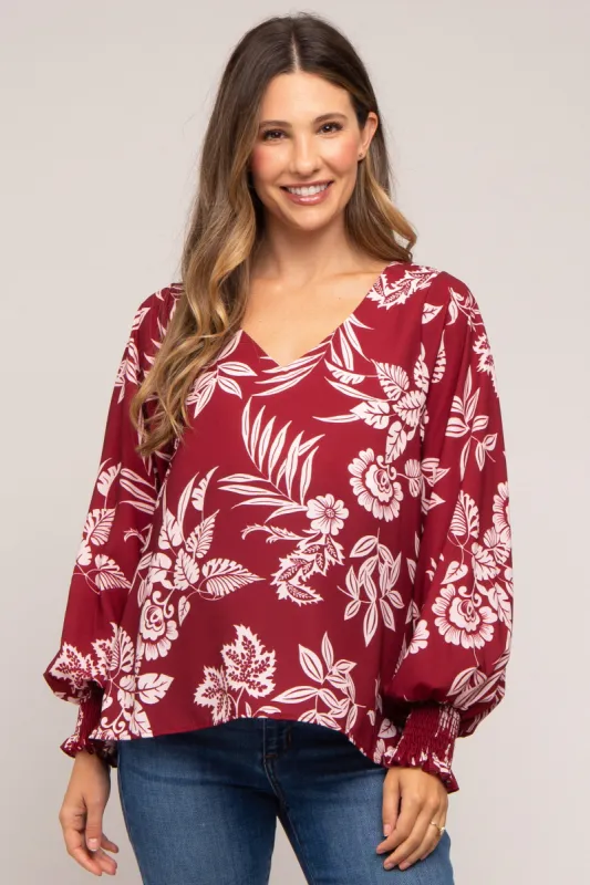 Burgundy Floral V-Neck Long Sleeve Maternity Blouse sold by Pinkblush