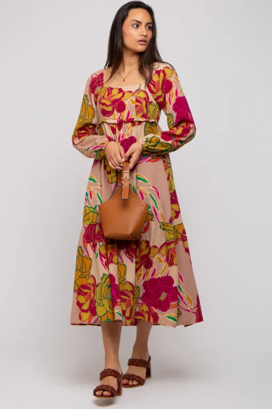 Mocha Floral Long Sleeve Midi Dress sold by Pinkblush