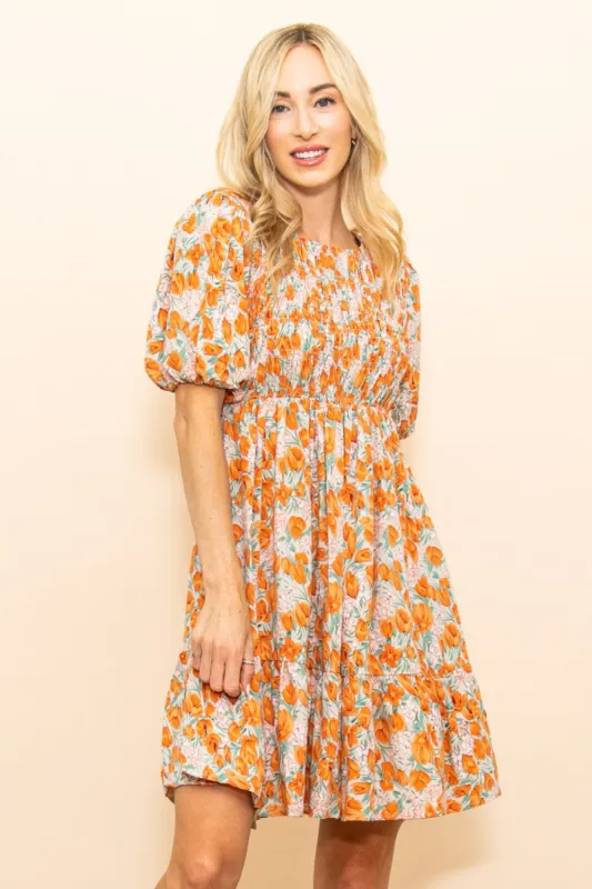 Taupe Floral Smocked Puff Sleeve Dress sold by Pinkblush