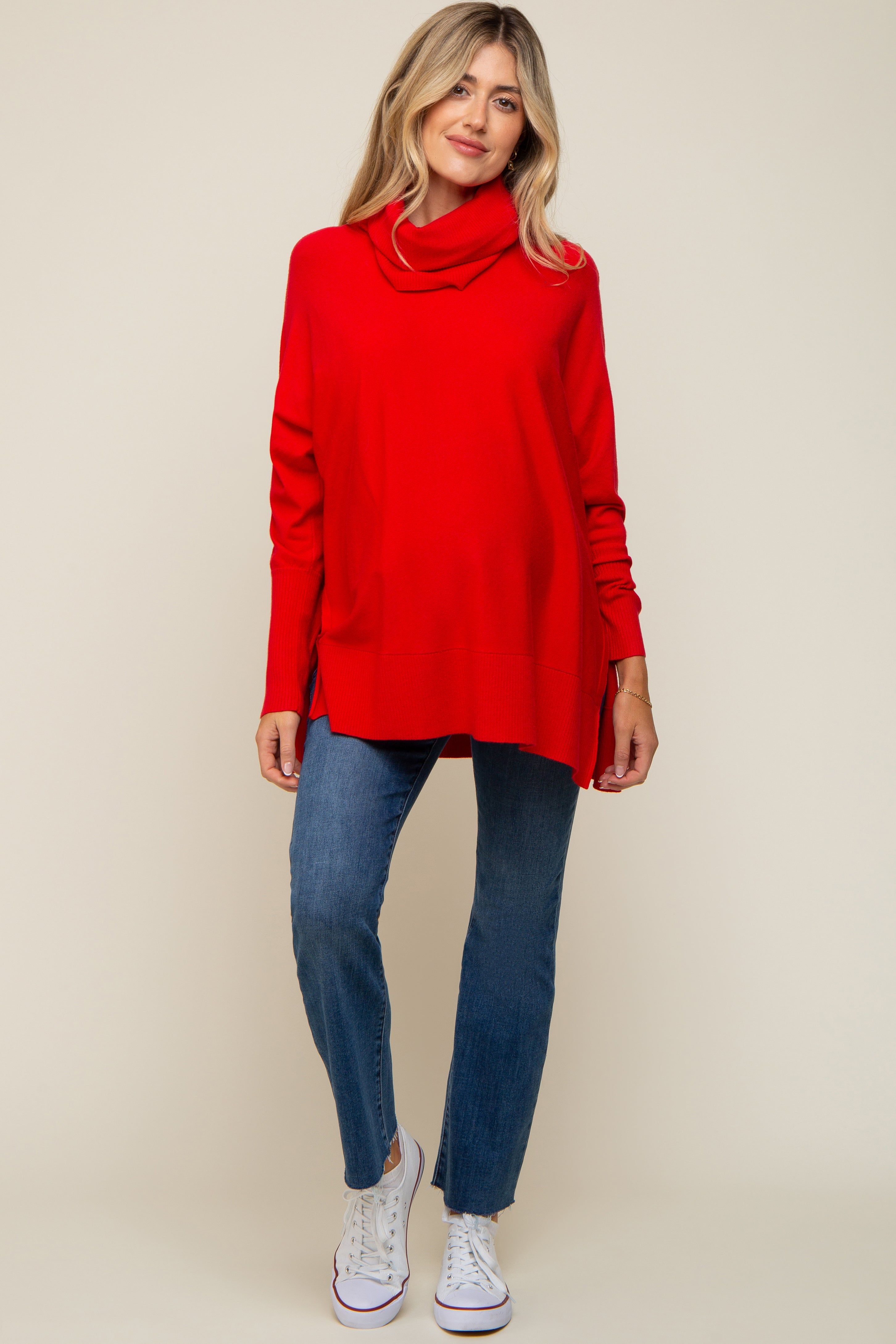 Red Cowl Neck Dolman Sleeve Maternity Sweater sold by Pinkblush