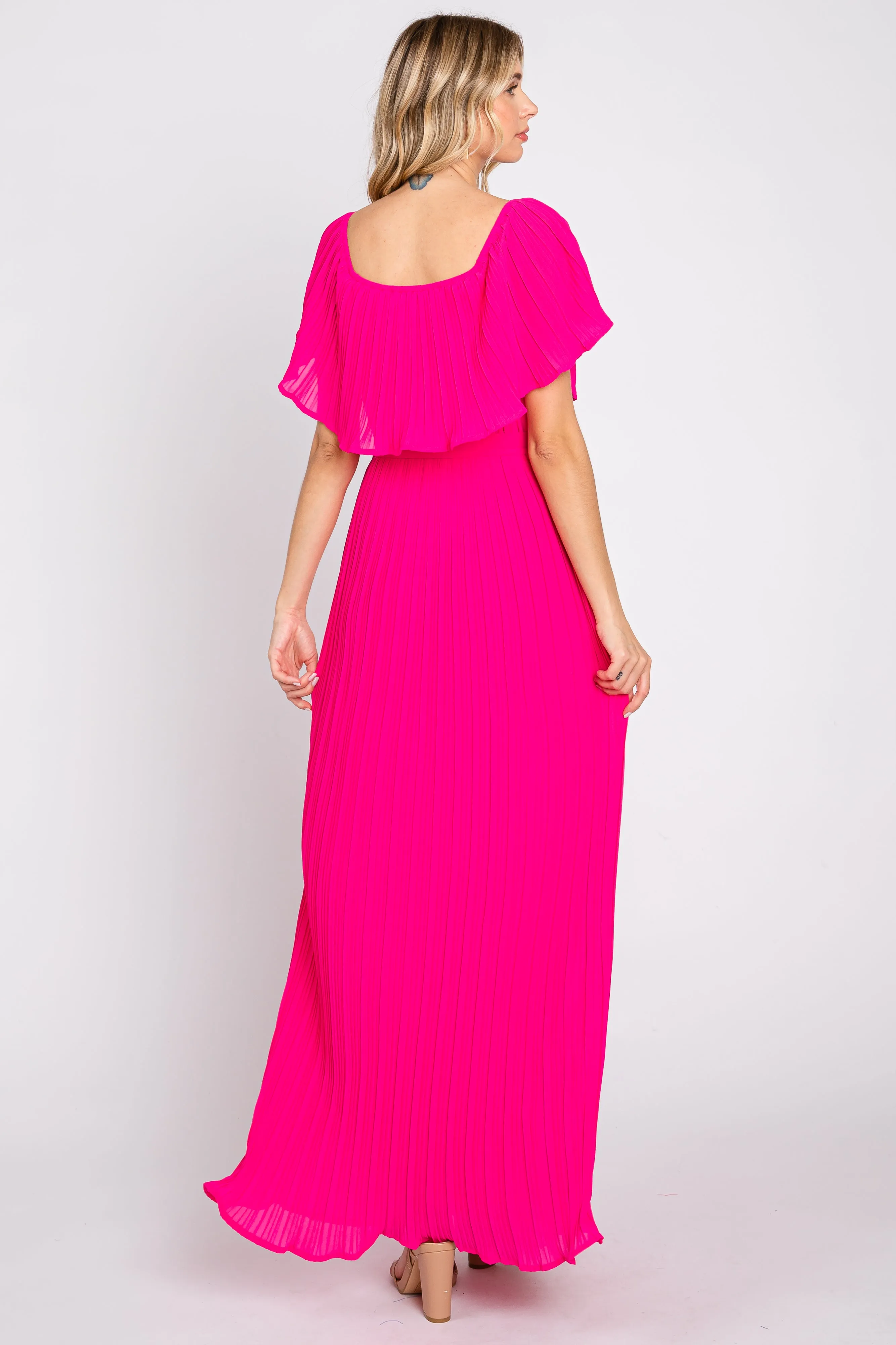 Fuchsia Pleated Off Shoulder Maxi Dress sold by Pinkblush product image thumbnail 3