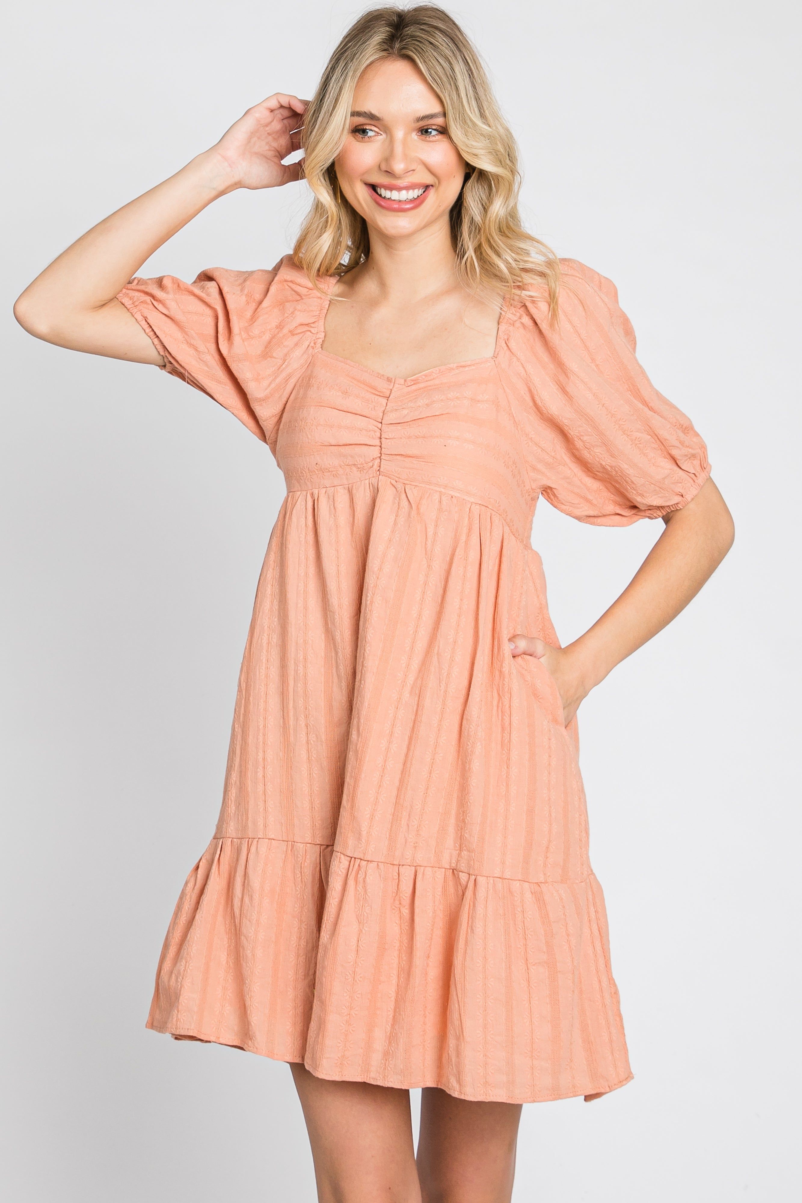 Peach Flower Embroidered Sweetheart Neck Bubble Sleeve Dress sold by Pinkblush product image thumbnail 3