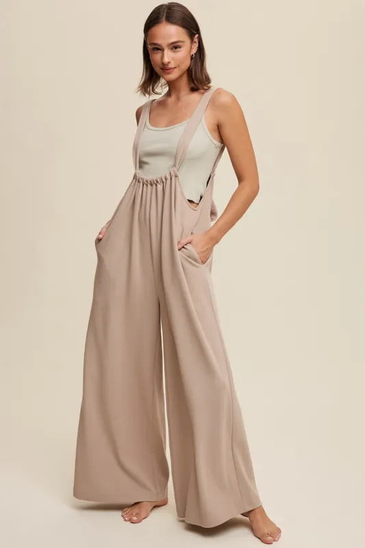 Beige Ribbed Drawstring Wide Leg Jumpsuit sold by Pinkblush